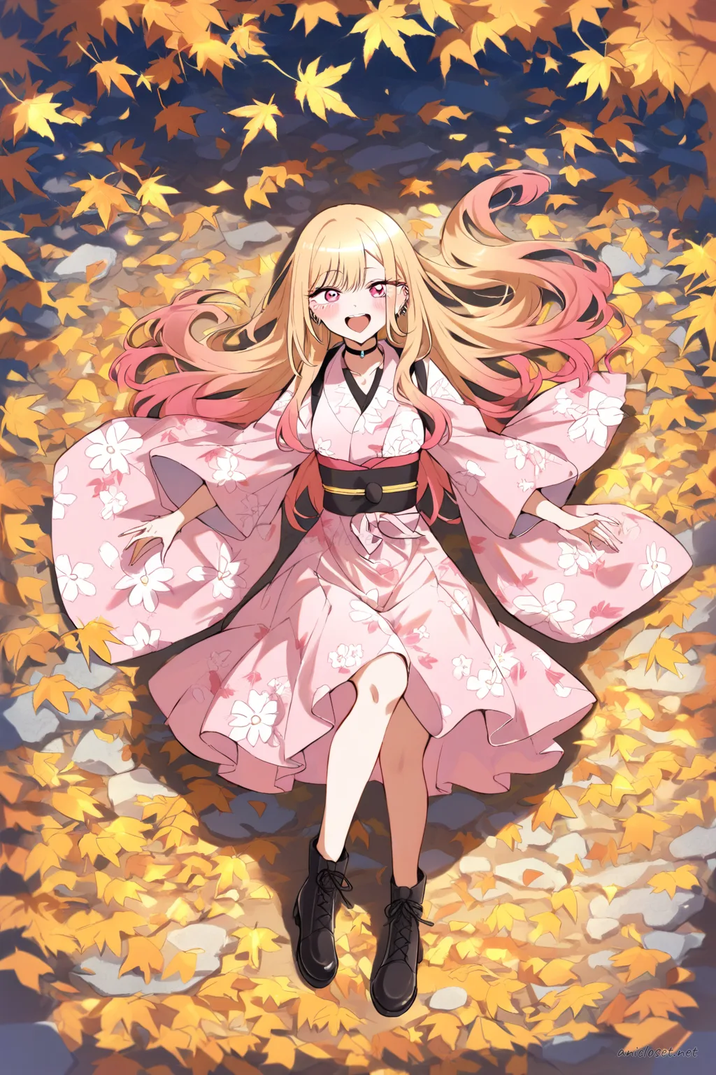 Full body front view illustration of Marin Kitagawa wearing a pastel modern kimono dress with soft floral patterns, simplified obi belt, lace trim, and cute ankle boots