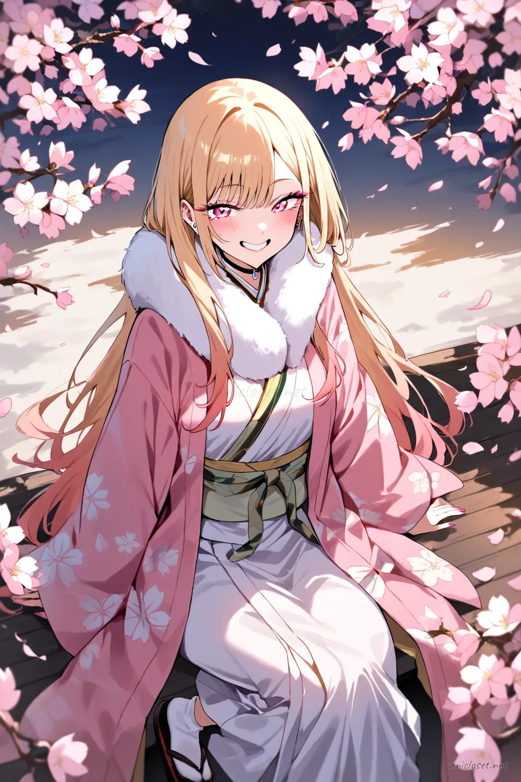 Full body three-quarter view illustration of Marin Kitagawa wearing a winter kimono with haori coat, muffler scarf, tabi socks, and zori sandals