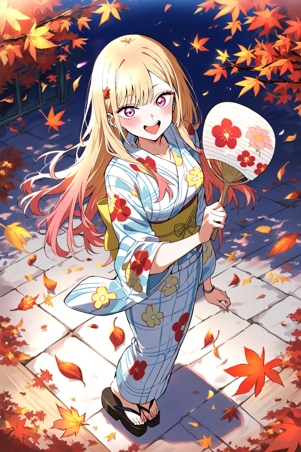 Full body illustration of Marin Kitagawa standing in bright floral yukata with obi belt, holding uchiwa fan, wearing festival hairpin and geta sandals