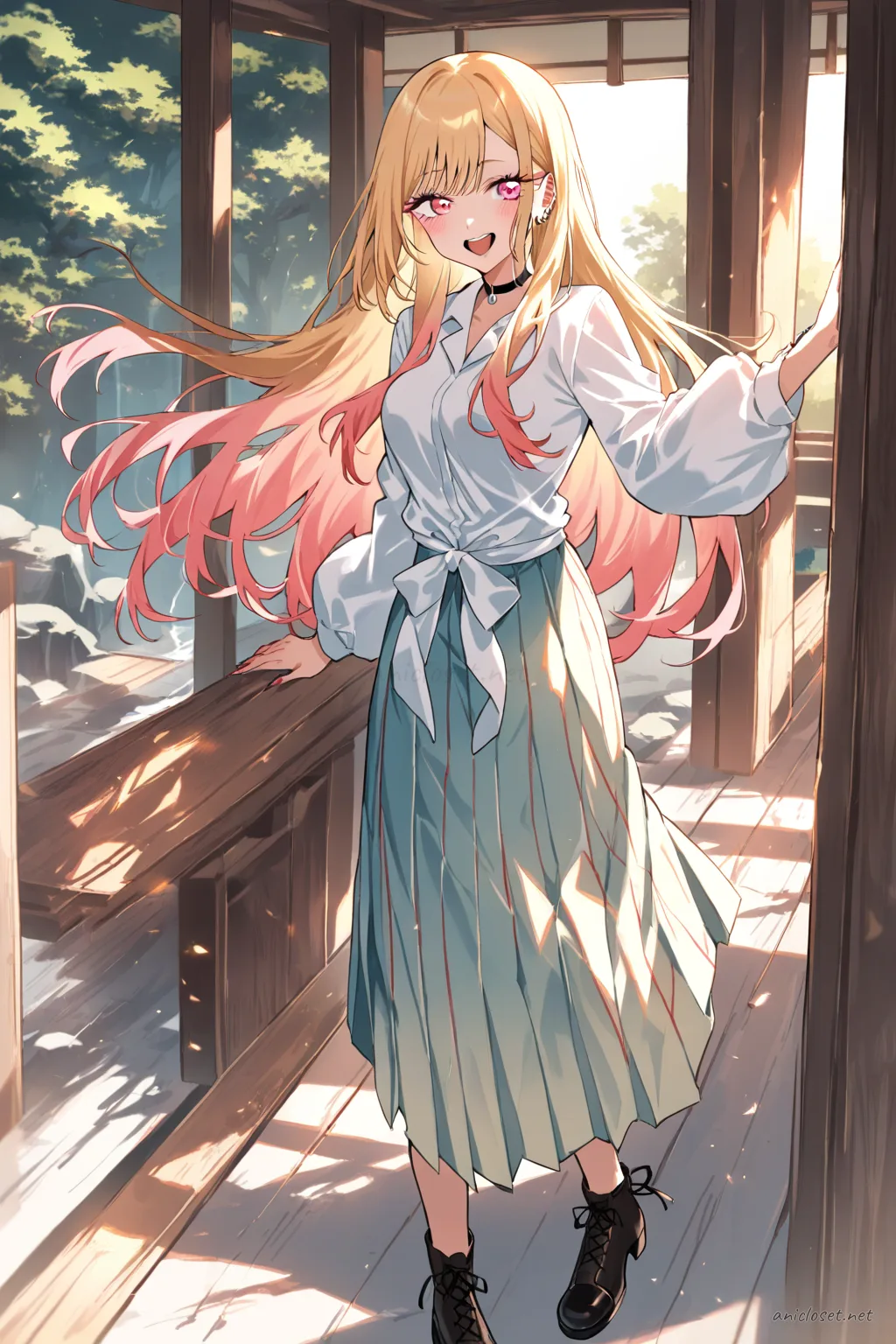 Full body illustration of Marin Kitagawa in a white puff sleeve blouse, pleated hakama skirt, lace-up ankle boots, and wide ribbon belt with depth of field focusing on shoes