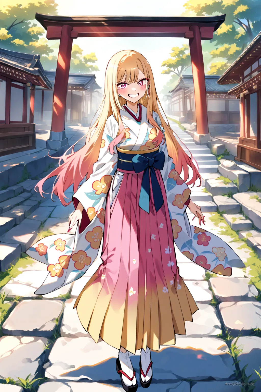 Full body front view of Marin Kitagawa wearing a colorful graduation hakama set over a floral kimono with a wide obi belt, flower corsage, tabi socks, and zori sandals