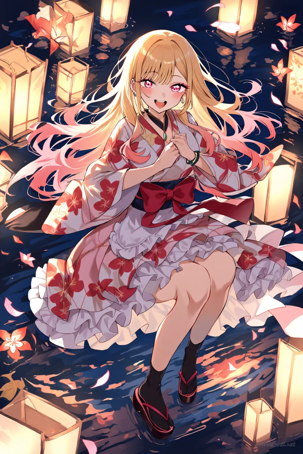Illustration of Marin Kitagawa wearing a modern wa-Lolita hybrid kimono with frilly petticoat skirt, ribbon belt, tabi socks, and zori sandals