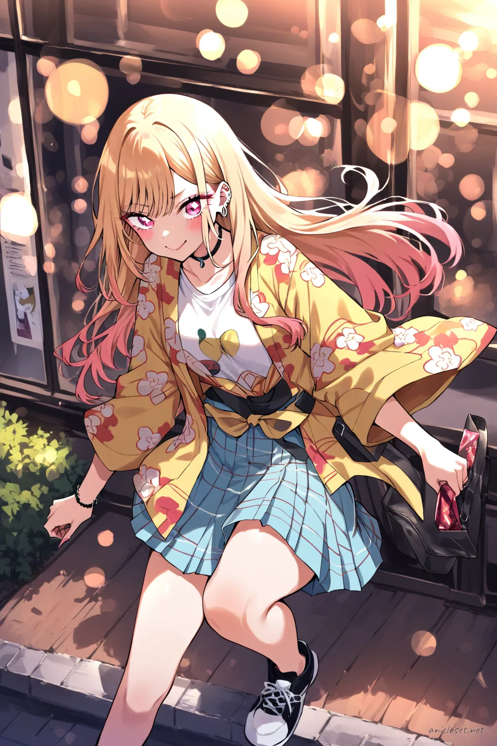 Knee-up half-body illustration of Marin Kitagawa wearing street kimono jacket over graphic tee and pleated skirt with obi belt bag and sneakers