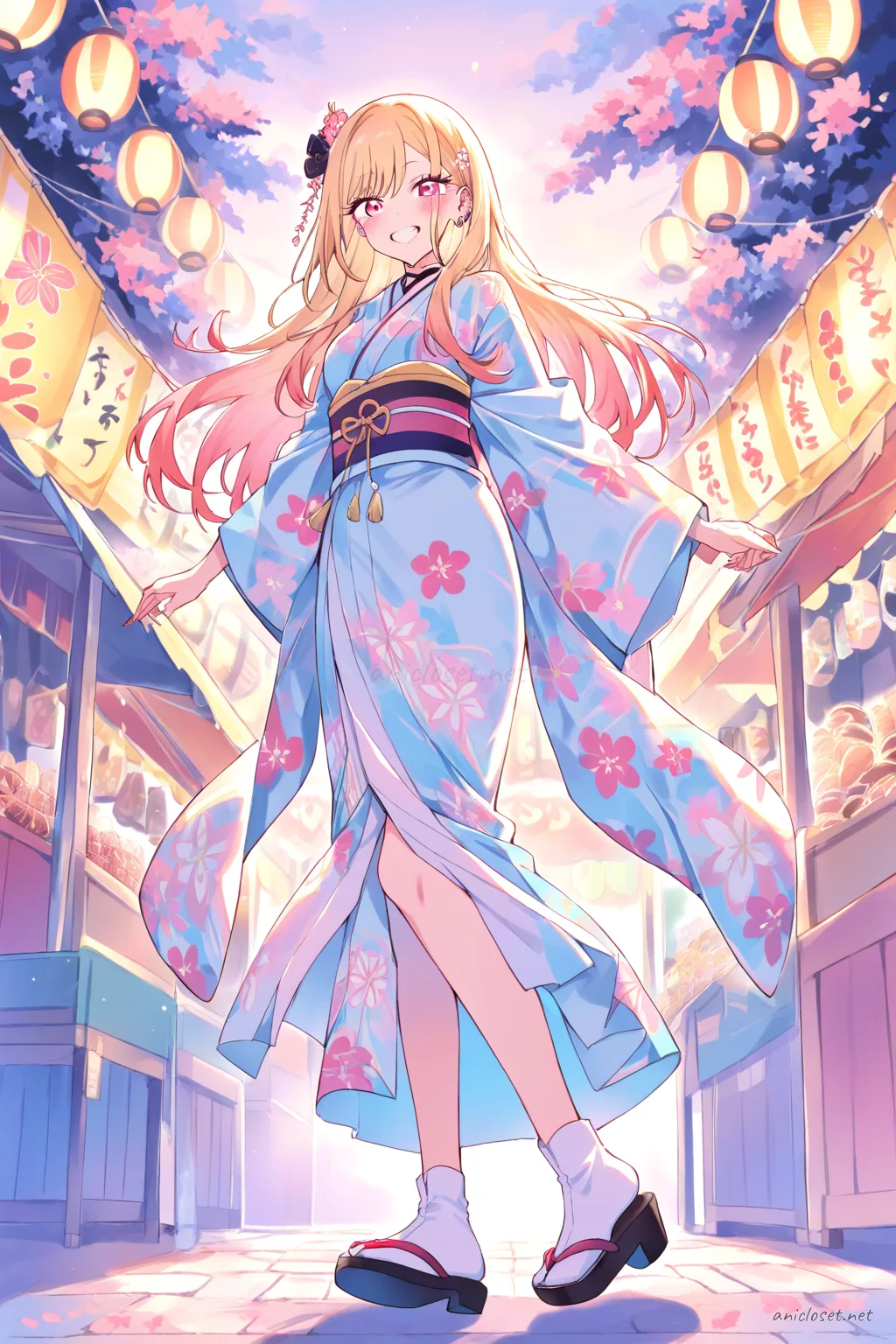 Full body illustration of Marin Kitagawa wearing a pastel komon kimono with neat obi, floral hairpin, tabi socks, and zori sandals, viewed from below showing shoes