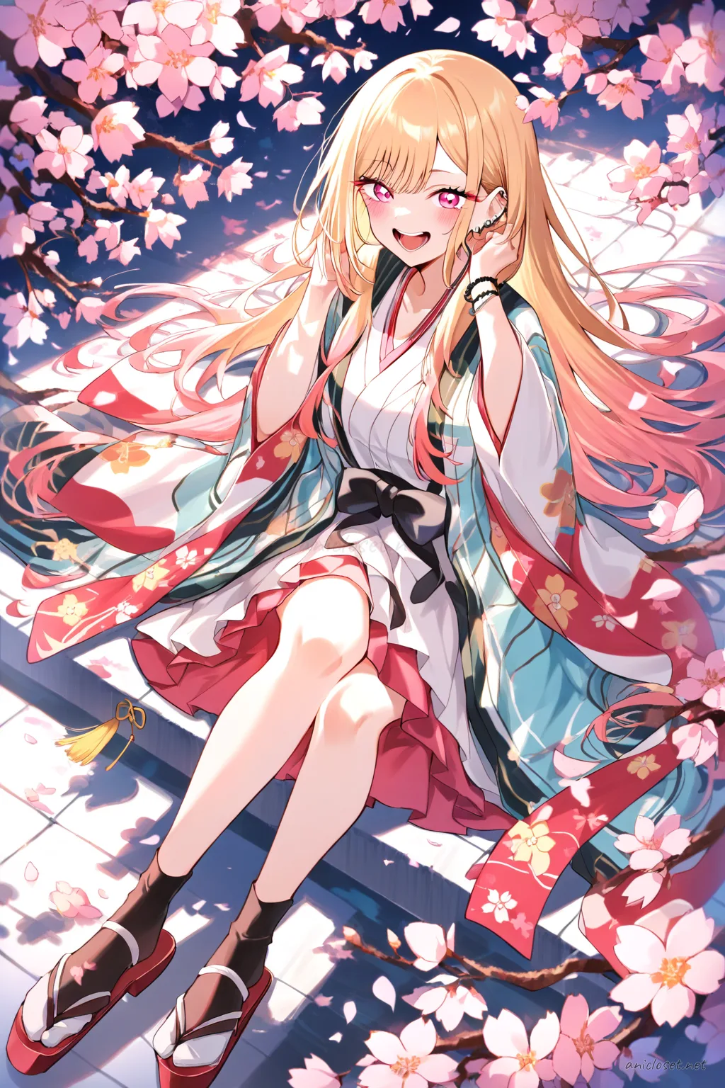 Full-body illustration of Marin Kitagawa wearing onmyouji-inspired modern kimono robes with layered haori and paper charm accents, standing in a clean studio