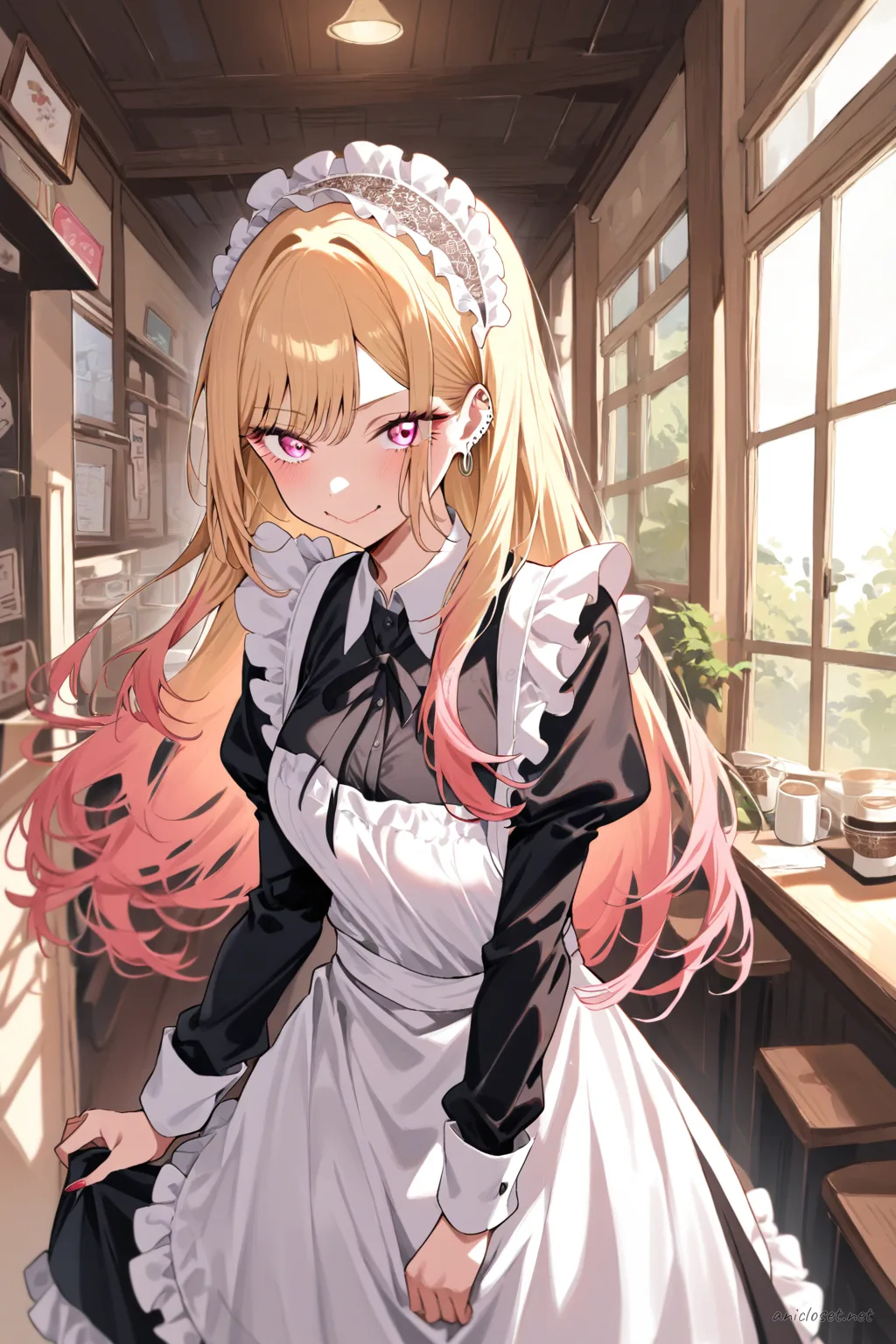 Illustration of Marin Kitagawa wearing a classic black-and-white Victorian maid dress with a frilled white apron and lace maid headdress