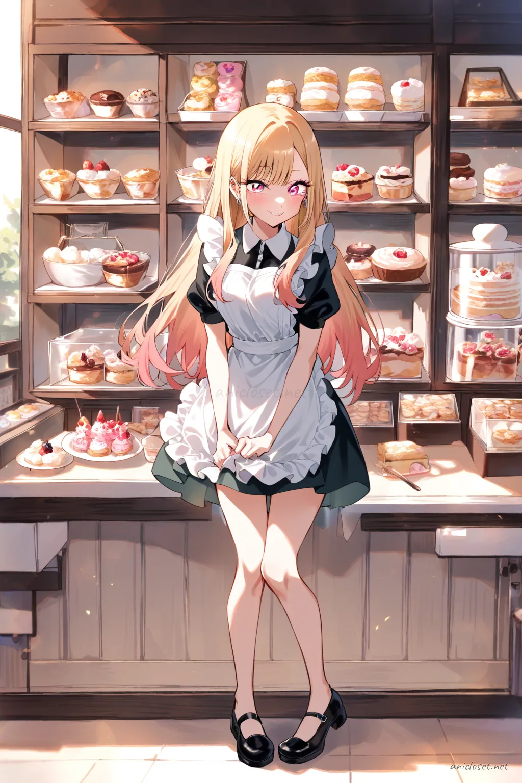 Full body illustration of Marin Kitagawa in a cute cafe maid dress with knee-length skirt, puff sleeves, ribbon apron, peter pan collar, lace trim, and mary janes, standing with shoes visible