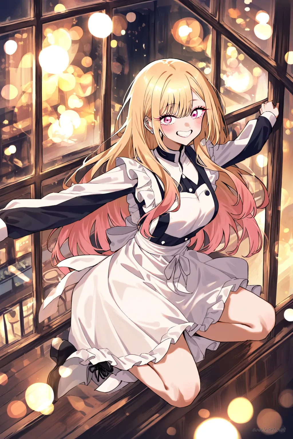 Illustration of Marin Kitagawa wearing a navy Edwardian maid uniform with high collar, long sleeves, white bib apron, and ankle boots