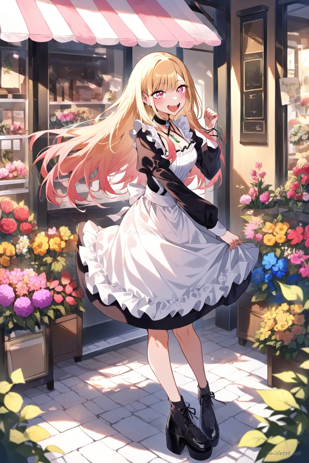 Full body illustration of Marin Kitagawa in a black lace gothic maid dress with layered knee-length skirt, cross-tie ribbon collar, white apron, puffed sleeves, and black platform shoes