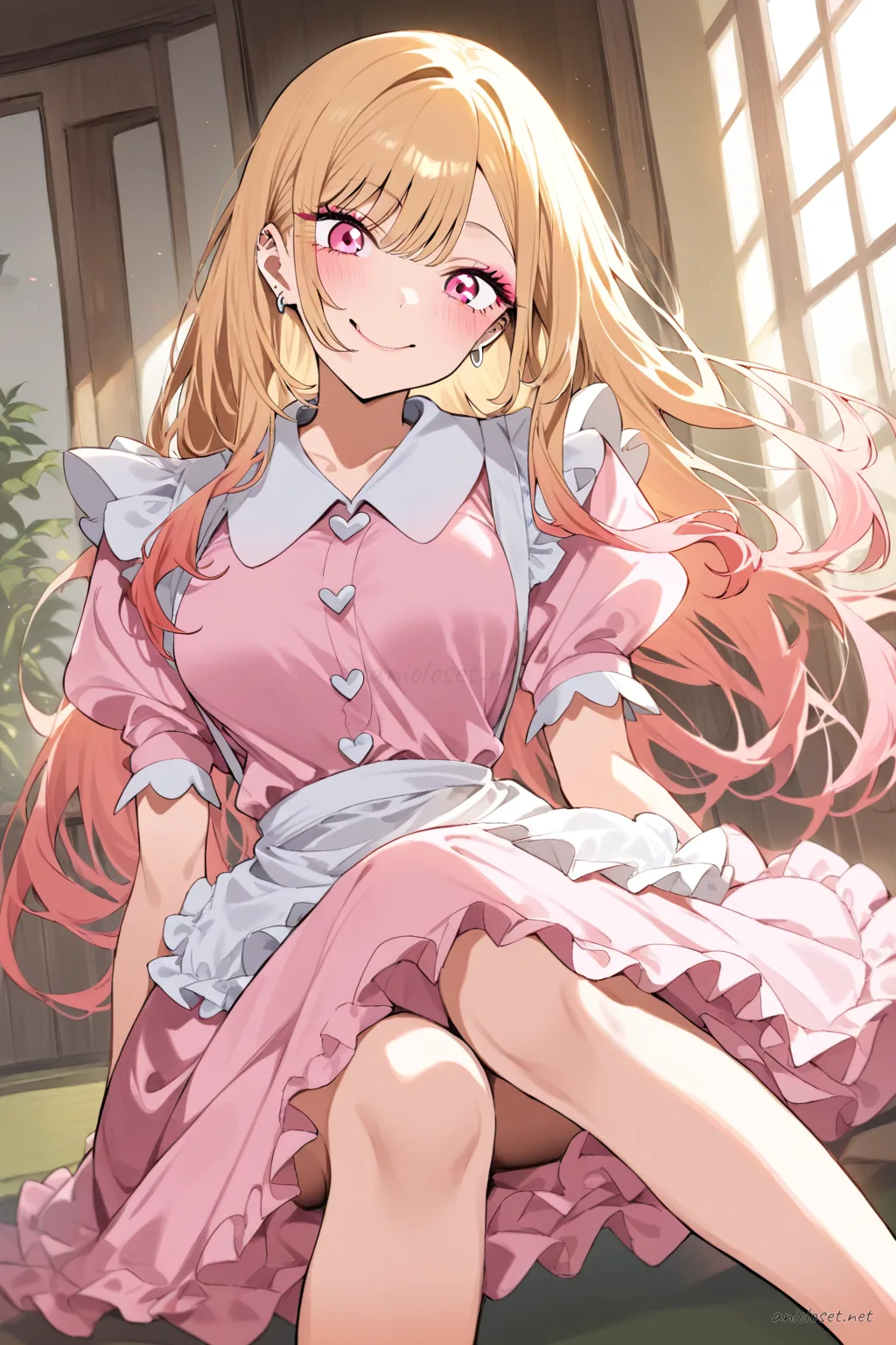 Full body profile of Marin Kitagawa in pastel pink maid dress with scalloped white apron, heart buttons, and bow shoes