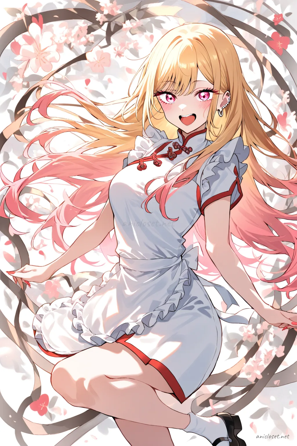 Illustration of Marin Kitagawa in a maid outfit with qipao collar, short sleeves, frilled apron, and frog-button accents
