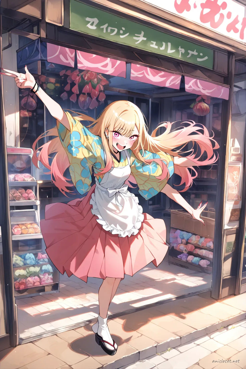 Illustration of Marin Kitagawa in Maid look 07 with kimono sleeves, hakama-inspired skirt, white apron, and ribbon obi