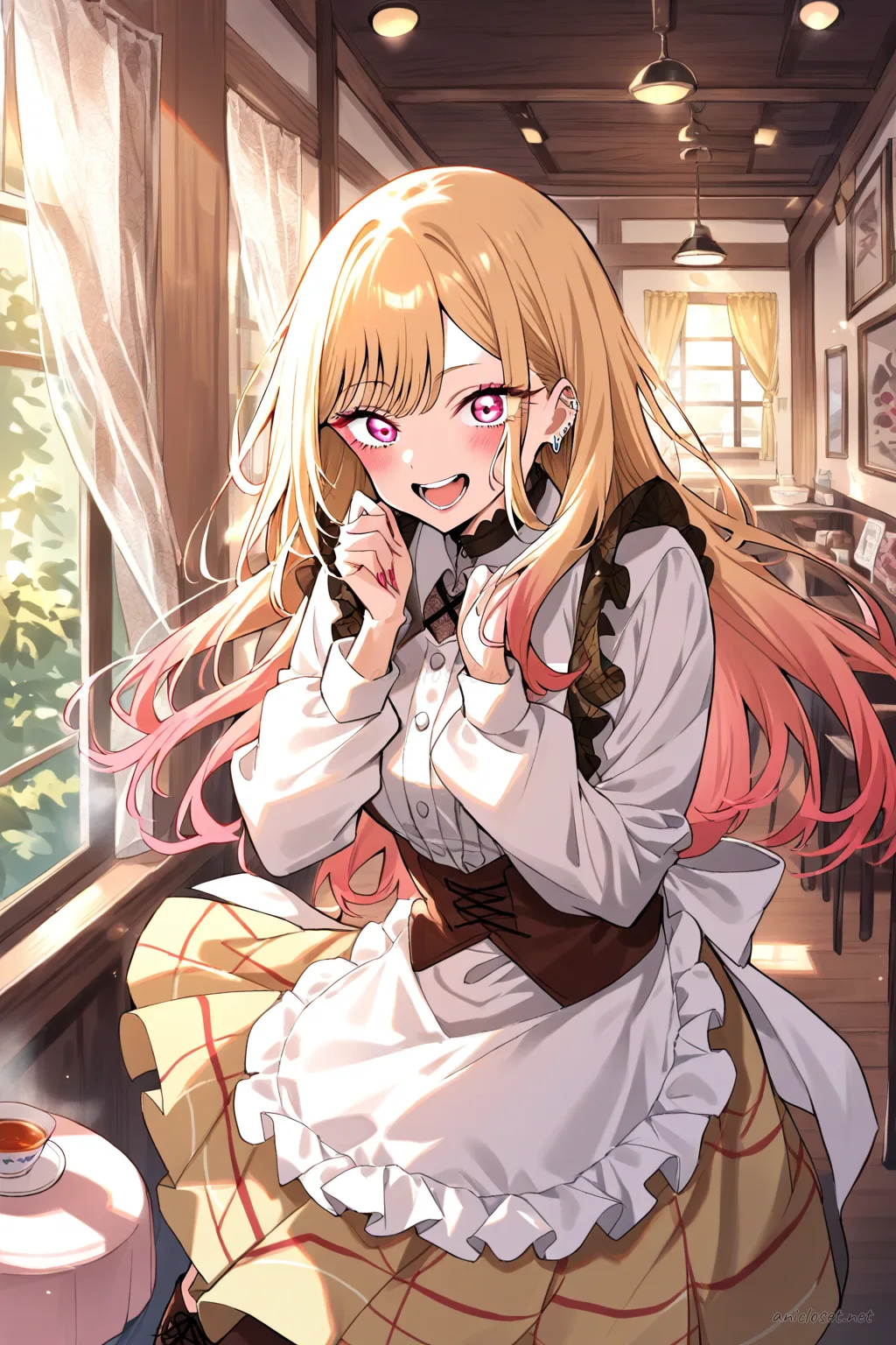 Full body illustration of Marin Kitagawa in steampunk maid uniform with brown corset vest, layered skirt, white utility apron, puffed sleeves, and high lace-up boots