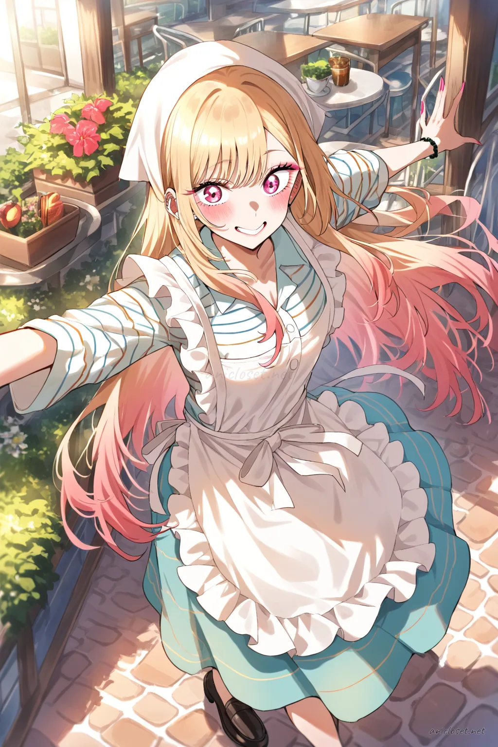 Illustration of Marin Kitagawa wearing a bakery maid uniform with striped blouse, full apron, midi skirt, kerchief, and loafers