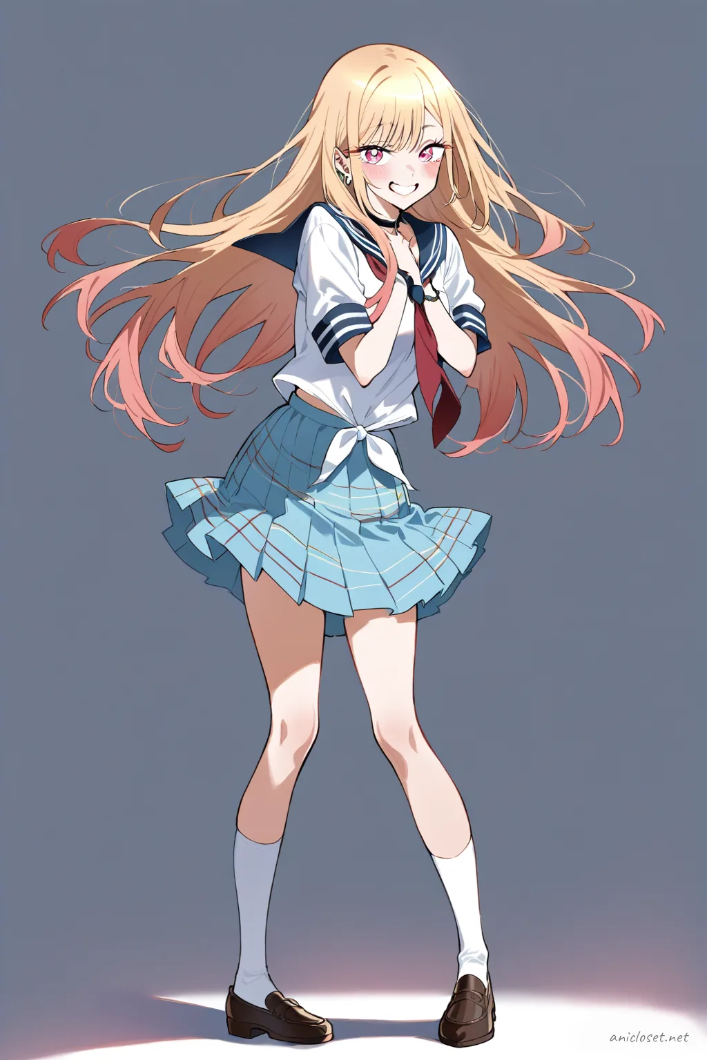 Illustration of Marin Kitagawa wearing navy sailor collar, red neckerchief, white blouse, and navy pleated skirt