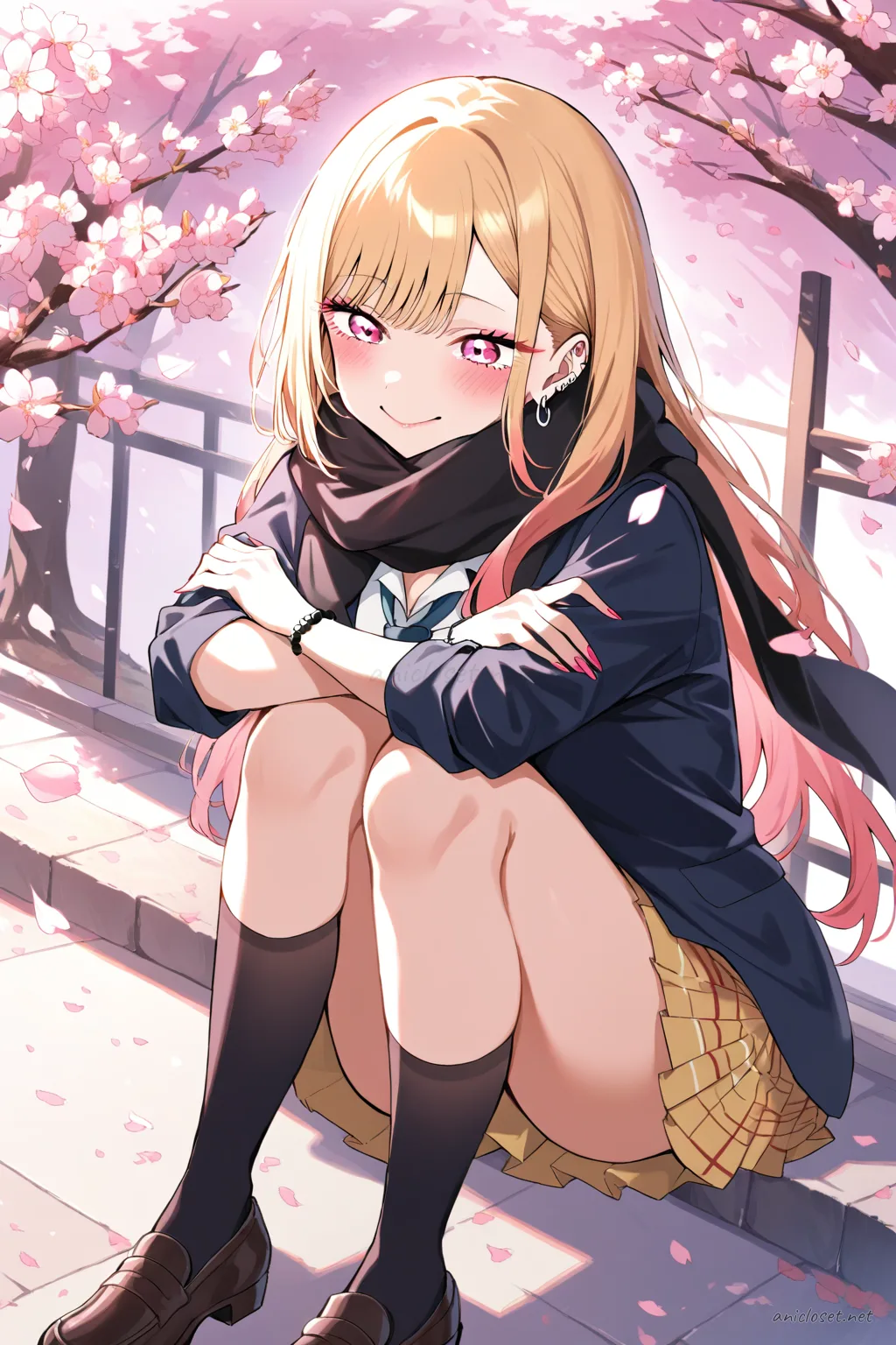 Illustration of Marin Kitagawa wearing a black blazer winter uniform with scarf and knee socks