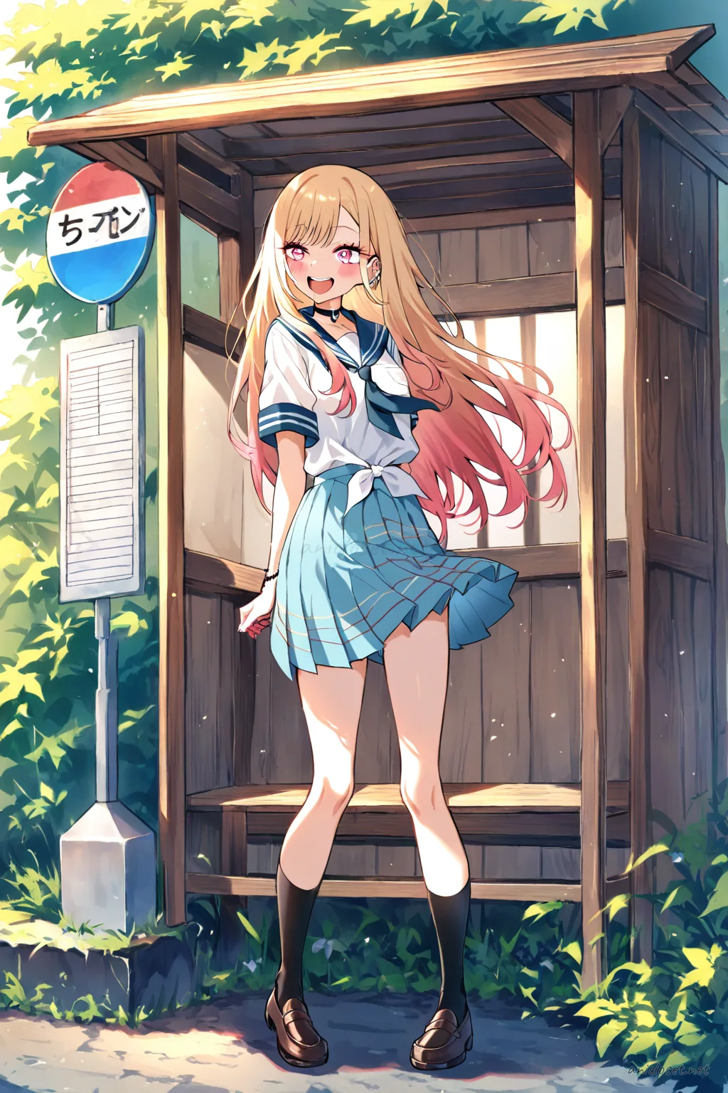 Full body illustration of Marin Kitagawa wearing a summer sailor uniform with short sleeves, ribbon bow, pleated skirt, knee socks, and loafers, standing