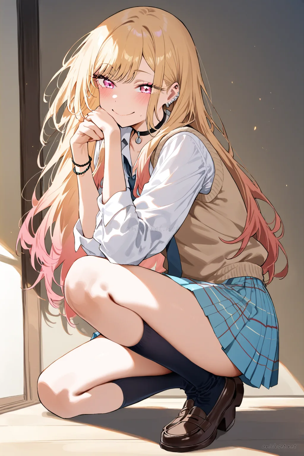 Illustration of Marin Kitagawa wearing a beige sweater vest over a white button-up shirt, plaid pleated skirt, navy over-the-knee socks, and brown loafers