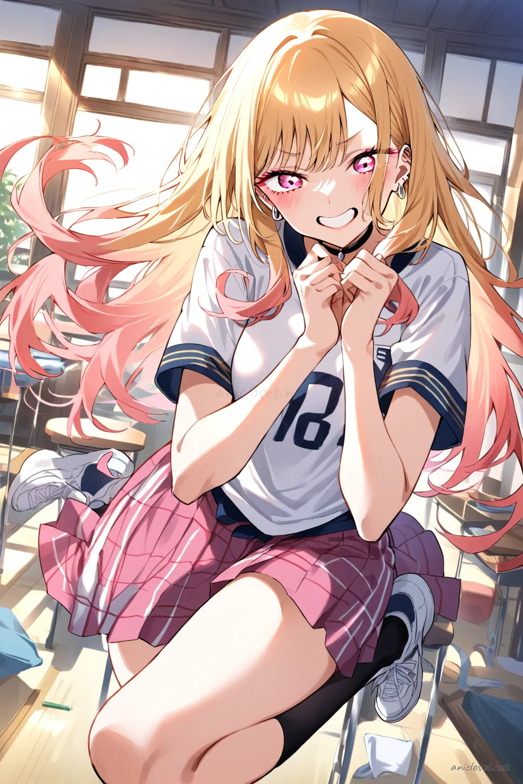 Illustration of Marin Kitagawa wearing a short sports jersey, navy bloomers, knee socks, and sneakers