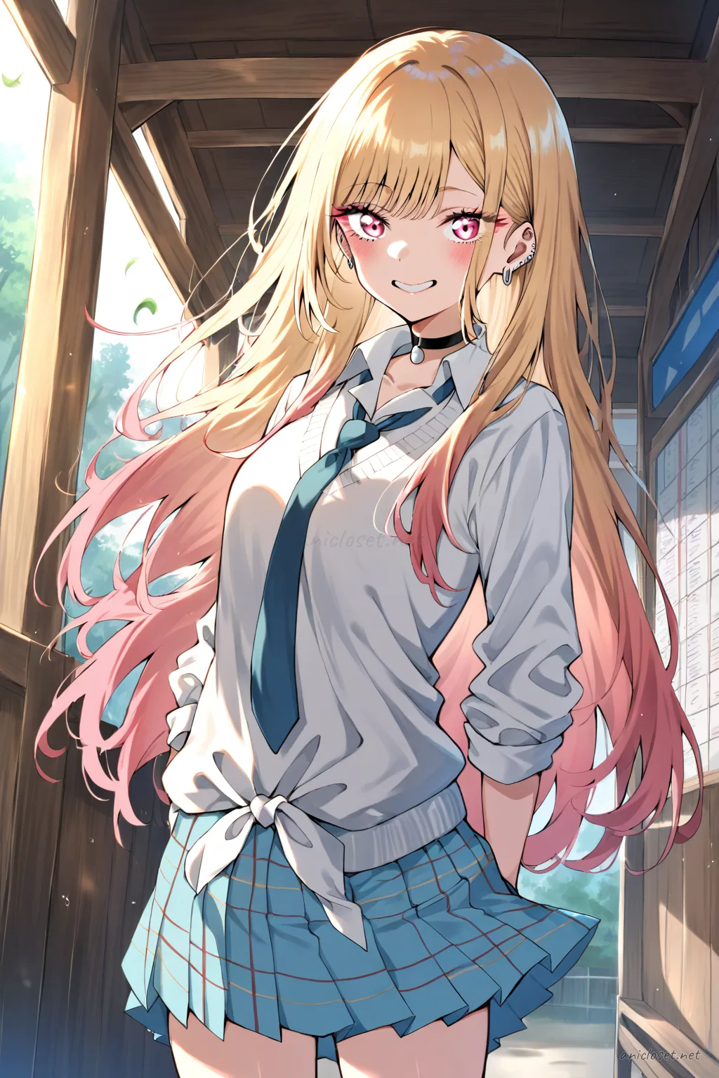 Illustration of Marin Kitagawa in a school outfit with long pleated skirt, v-neck sweater, white collared shirt, ribbon tie, loafers, and knee socks, front view cowboy shot