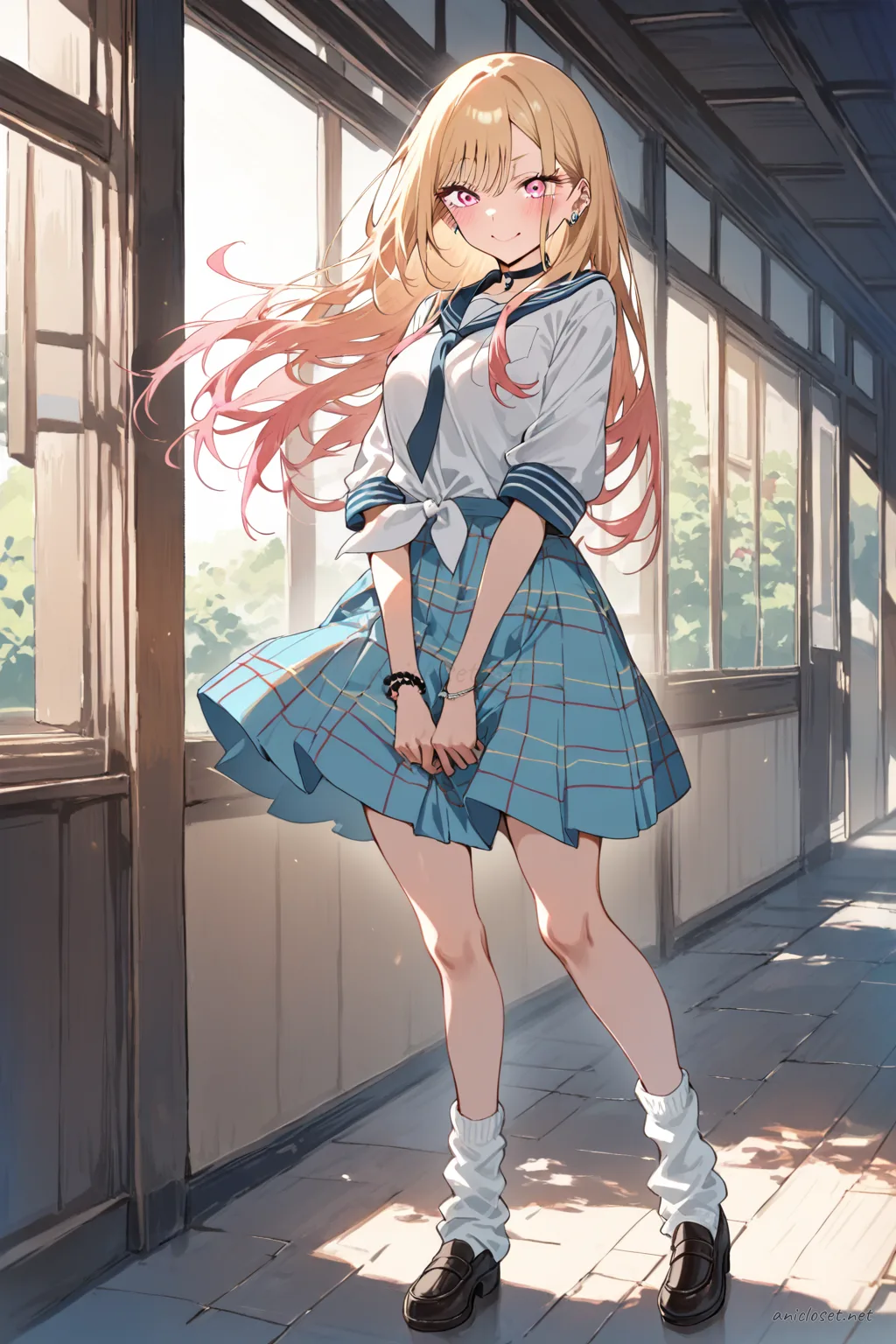 Full body front view illustration of Marin Kitagawa wearing a checkered skirt serafuku, loose socks, and loafers