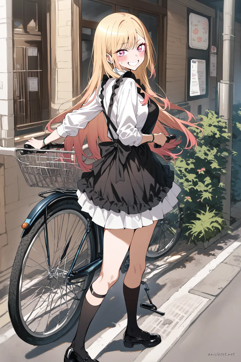 Illustration of Marin Kitagawa in a school look with a white blouse, black maid apron, pleated skirt, knee socks, and mary janes, shown from front in a cowboy shot