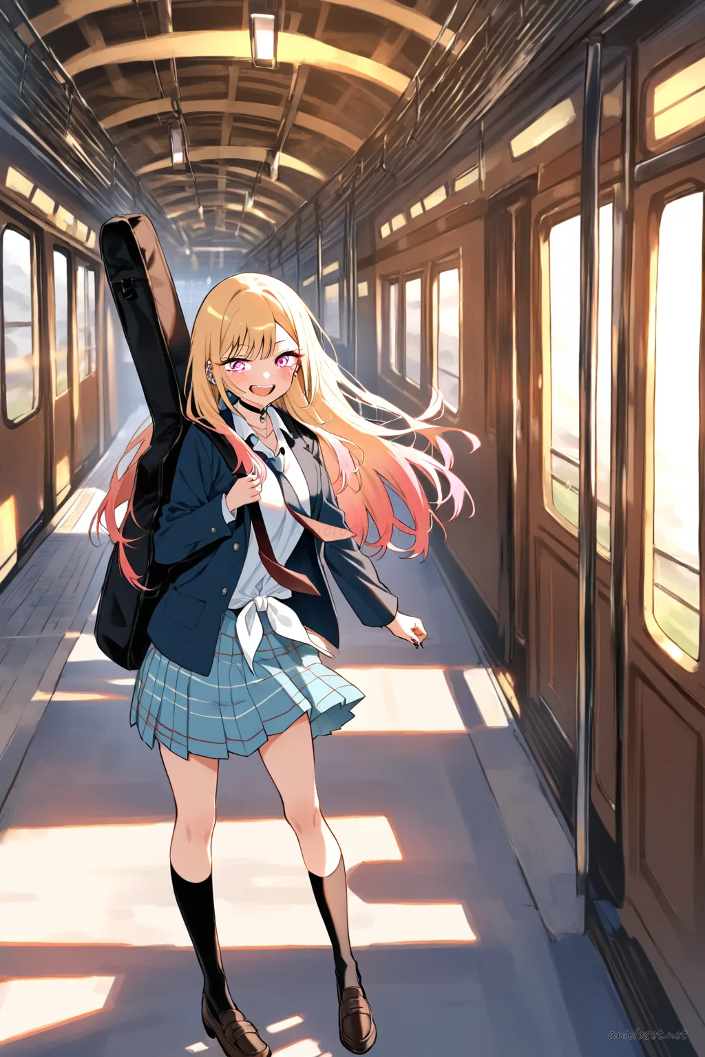 Knee-up half-body illustration of Marin Kitagawa wearing a navy blazer, white dress shirt, red necktie, gray pleated skirt, knee socks, and brown loafers holding a black instrument case under soft studio lighting