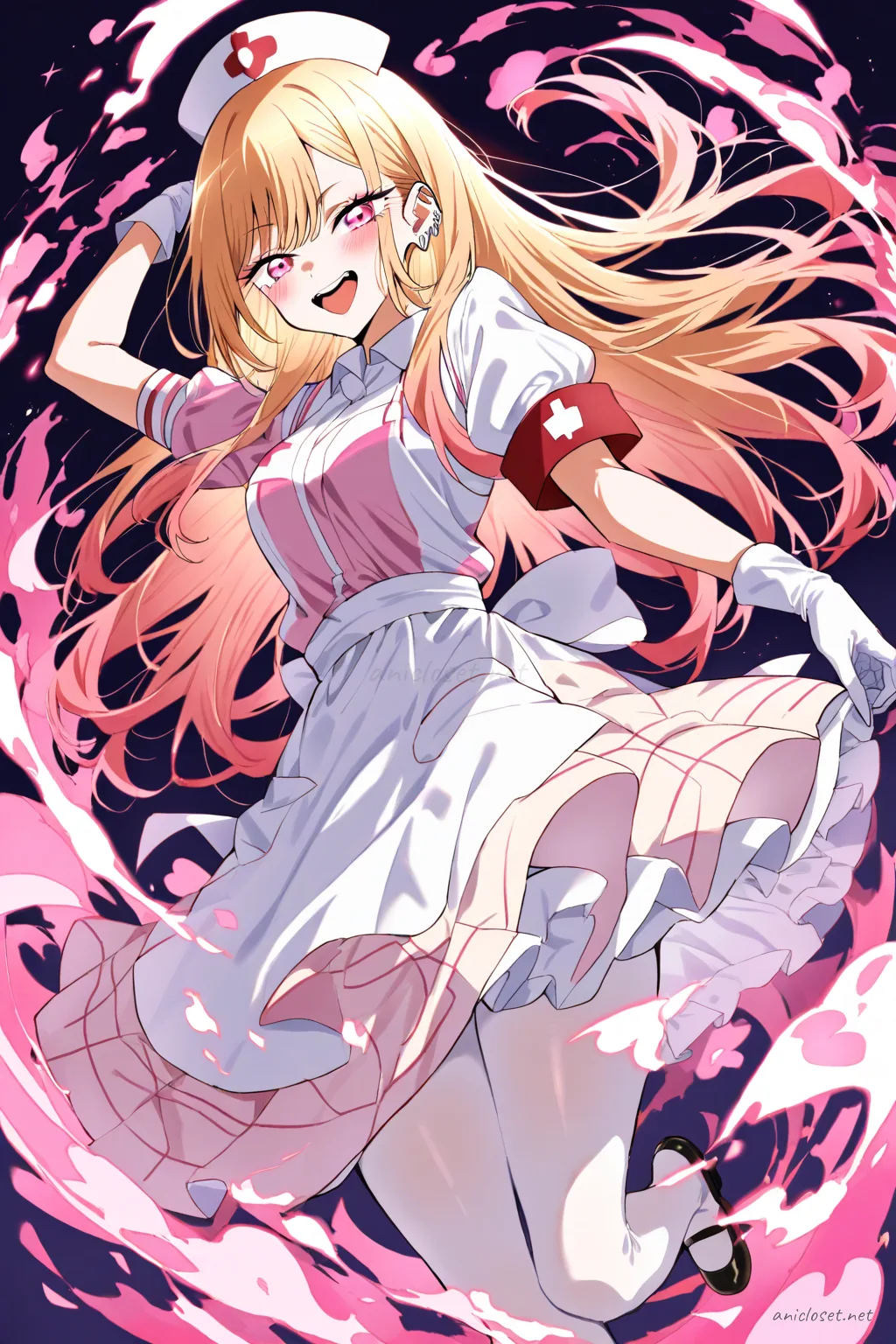 Full body illustration of Marin Kitagawa wearing a moe nurse uniform dress with short hem, nurse cap, red cross armband, sheer white tights, and mary janes