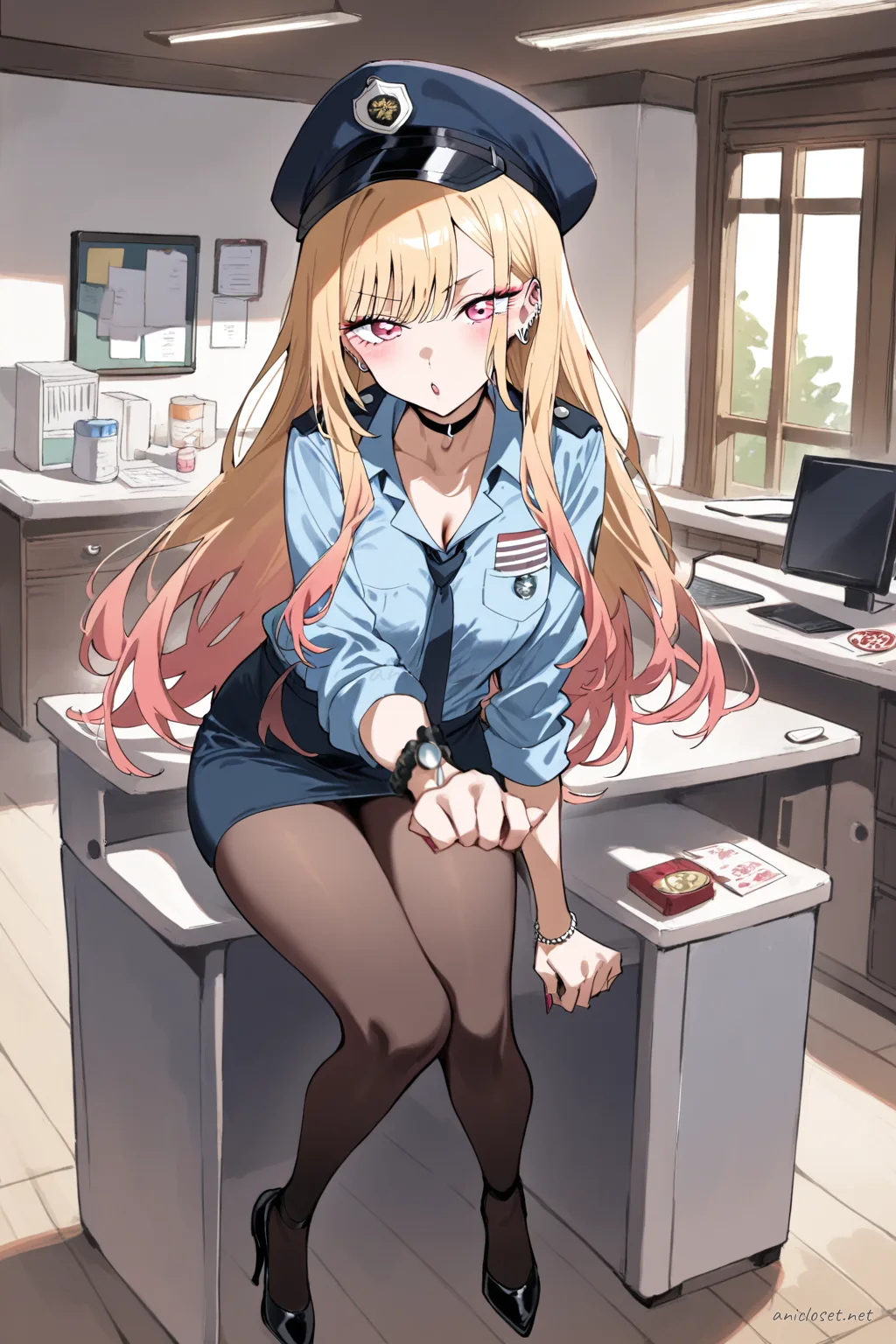 Illustration of Marin Kitagawa in a fitted navy policewoman uniform with pencil skirt, necktie, peaked cap, badge, black pantyhose, and low heels
