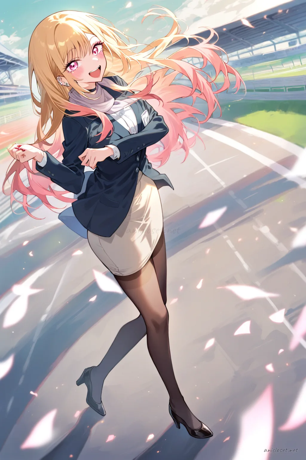 Full body illustration of Marin Kitagawa in a tailored airline cabin-attendant uniform with scarf, pencil skirt, sheer tights, and pumps