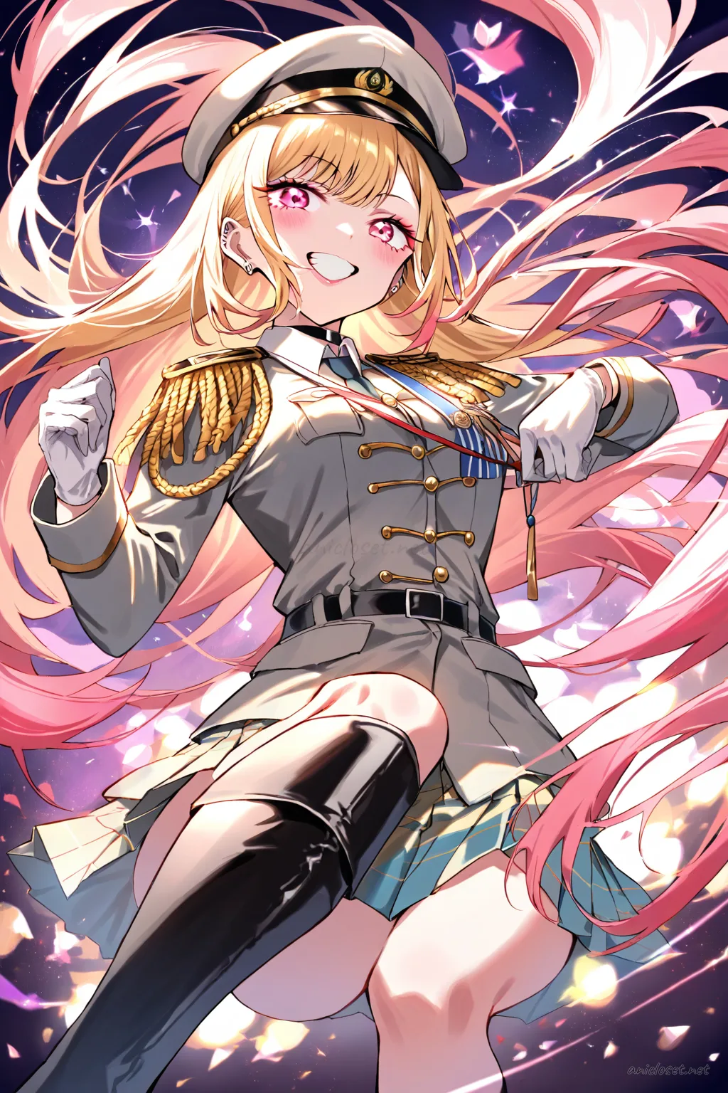 Illustration of Marin Kitagawa in fitted military jacket, pleated short skirt, peaked cap, white gloves, medal ribbons, and knee-high polished boots, front cowboy shot