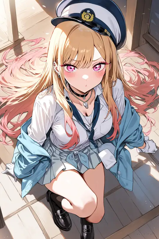 Illustration of Marin Kitagawa wearing a navy jacket and short pleated skirt uniform with cap and white gloves