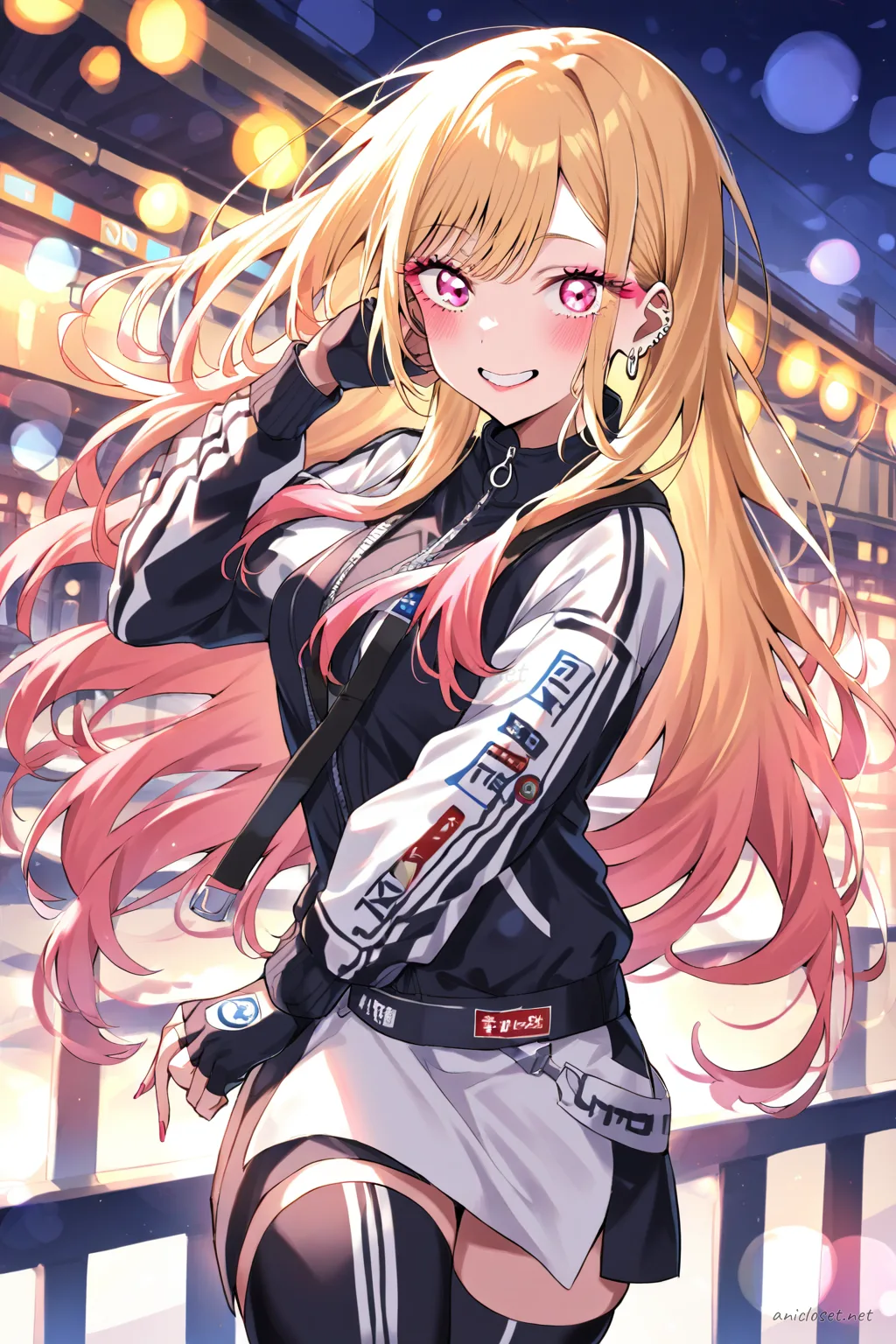 Full body three-quarter view illustration of Marin Kitagawa in a tight racer jacket, mini skirt, thigh-high boots, and fingerless gloves with sponsor patch accents