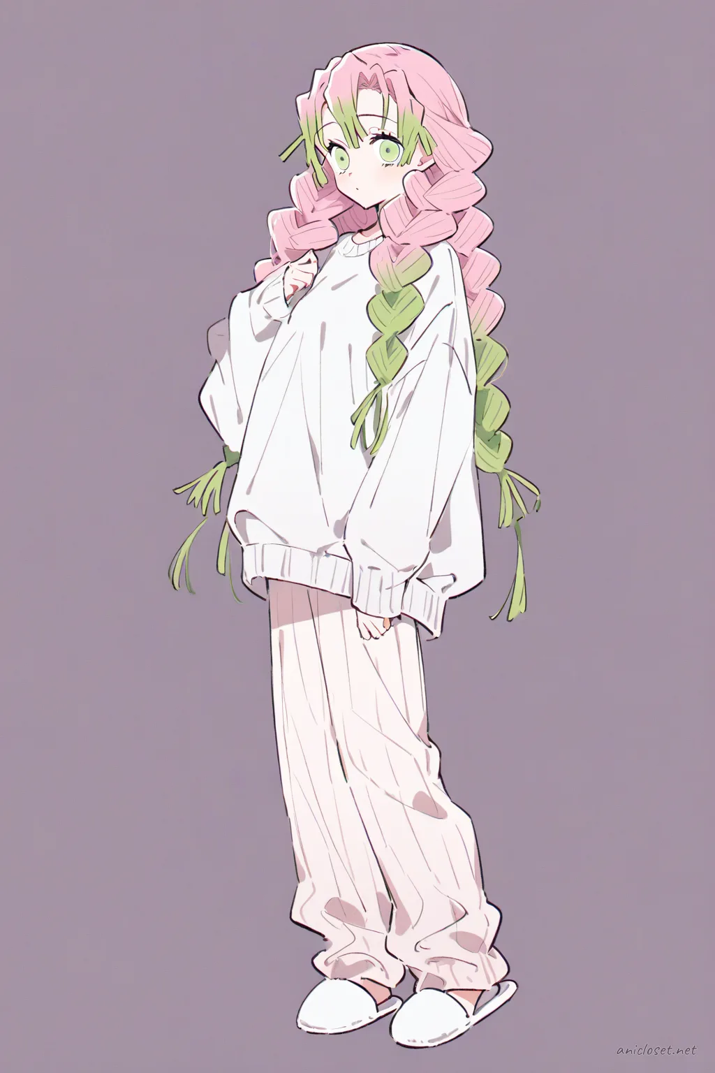 Full-body three-quarter view of Mitsuri Kanroji wearing an oversized cardigan and soft lounge pants with slip-on slippers and cozy socks against a clean background