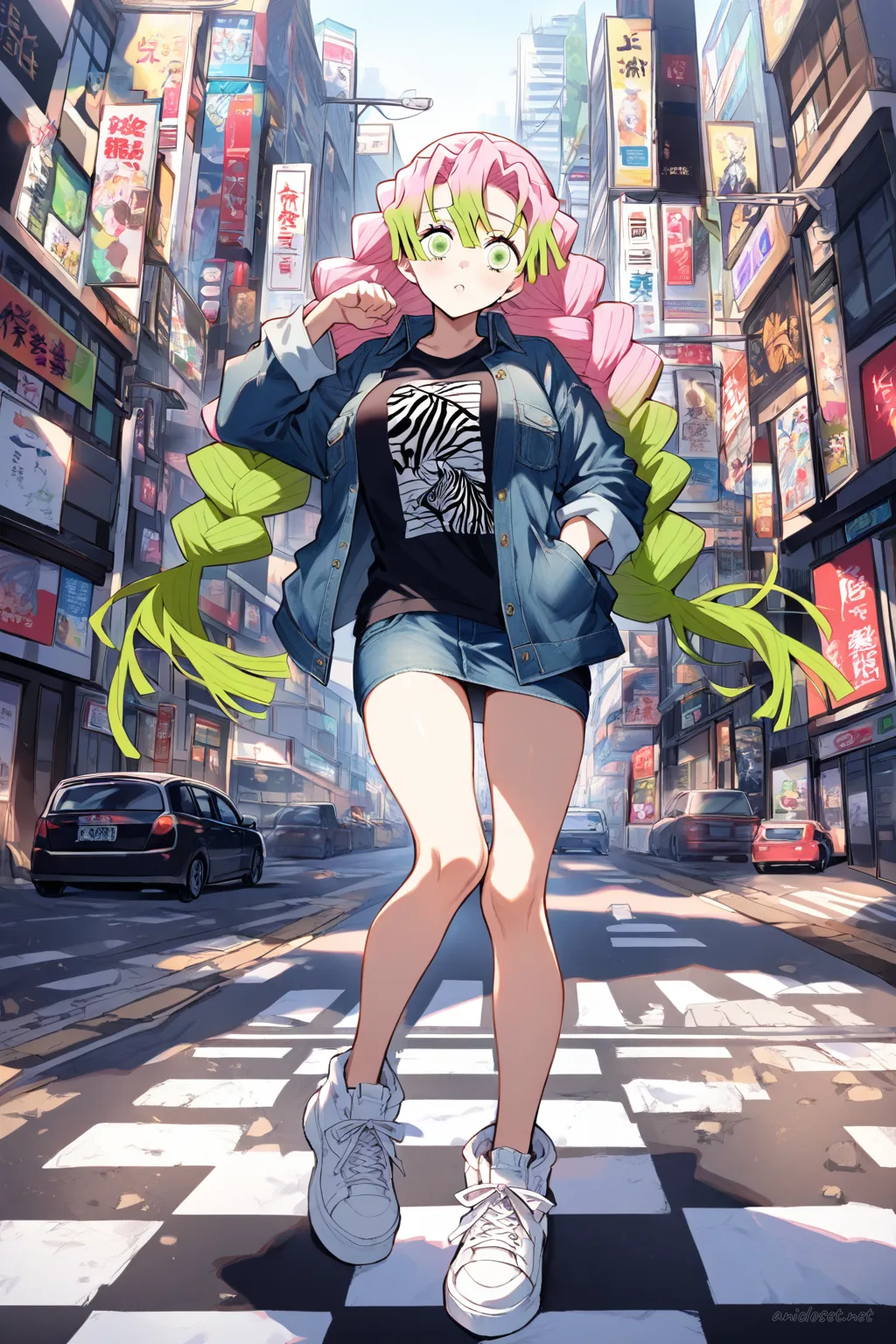 Illustration of Mitsuri Kanroji in a washed denim jacket, graphic tee, black mini skirt, and chunky white sneakers standing at a zebra crosswalk with city traffic bokeh