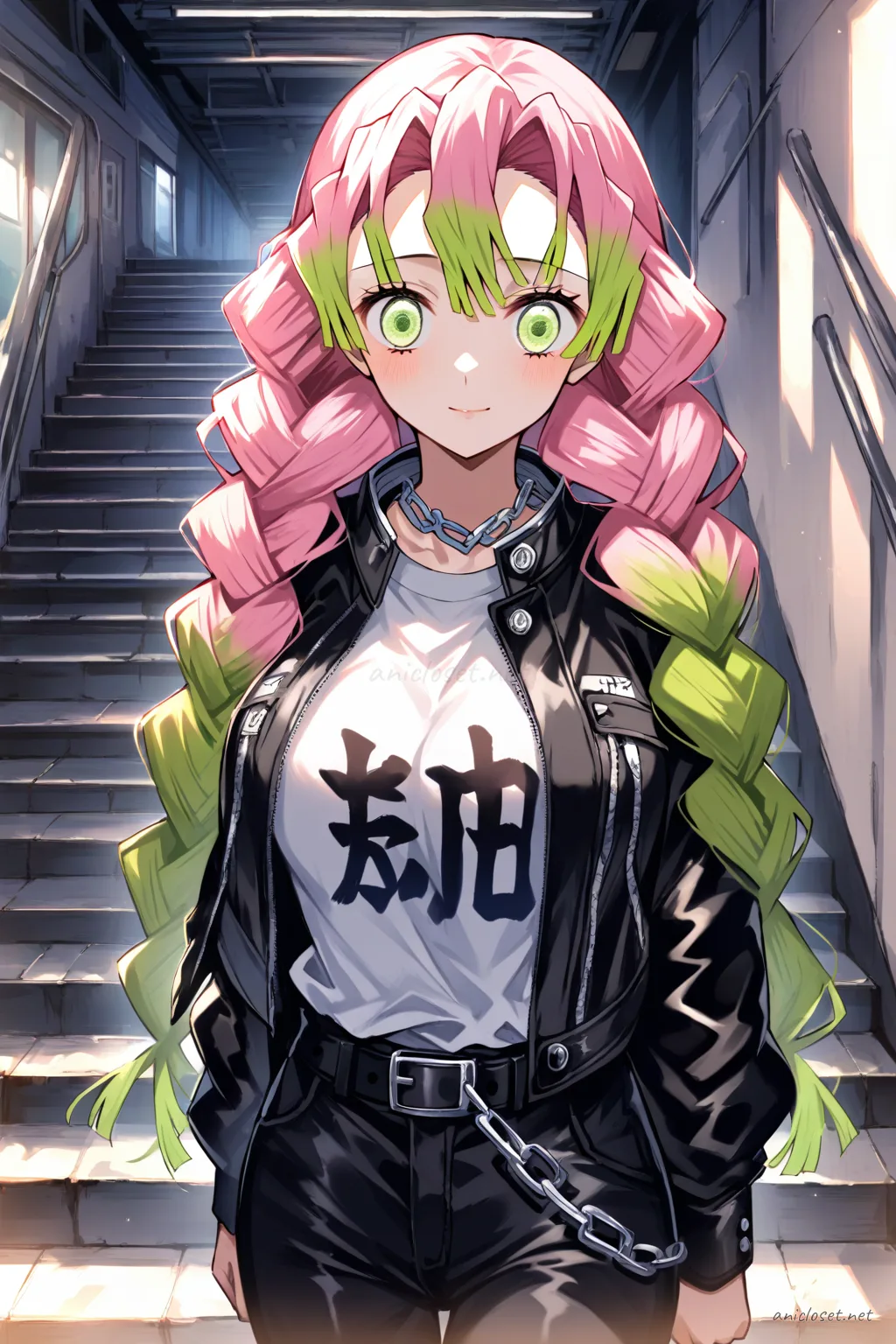 Illustration of Mitsuri Kanroji wearing a black leather jacket, white graphic tee, black skinny jeans, and black combat boots, leaning on a metal railing on a residential street in cool evening shade, cowboy shot from front