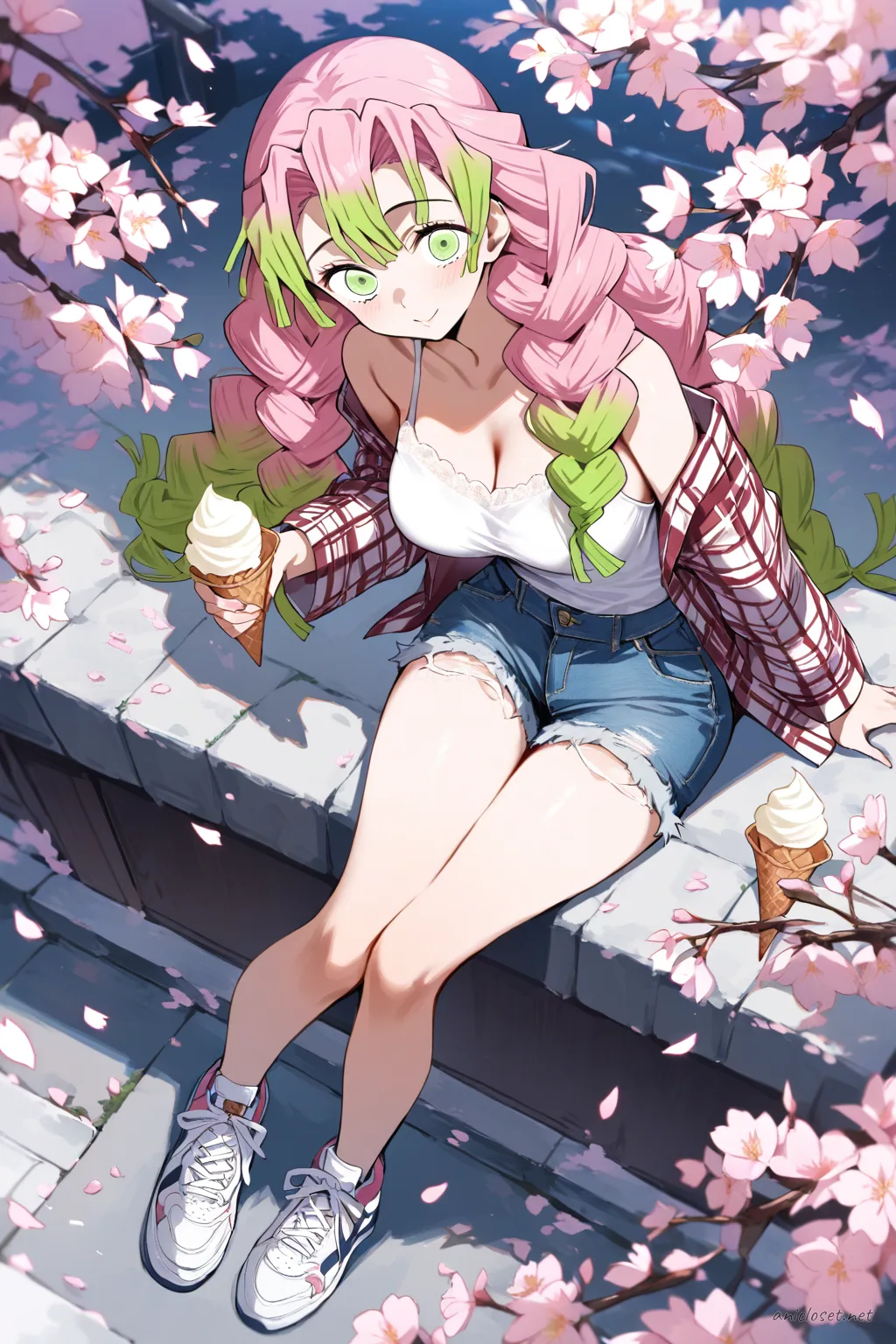 Knee-up illustration of Mitsuri Kanroji sitting on a curb wearing a plaid shirt over a white camisole, denim shorts, and white sneakers, holding an ice cream cone with cherry blossom trees and a park path in soft daylight city bokeh