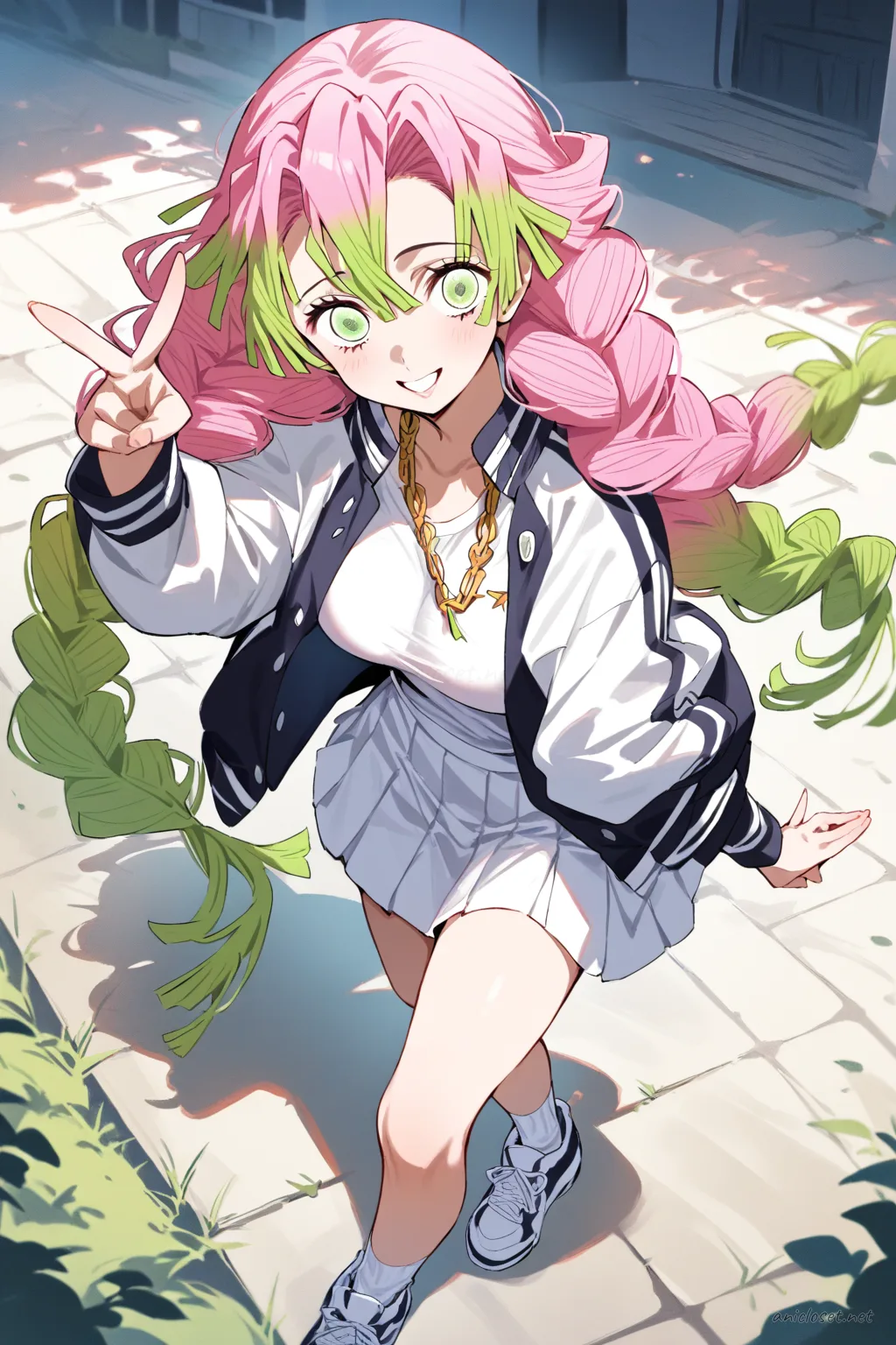 Full-body illustration of Mitsuri Kanroji walking outside a school gate wearing a varsity jacket, white tennis skirt, white sneakers, and layered gold chains