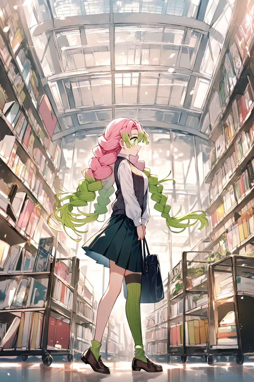 Illustration of Mitsuri Kanroji in profile wearing a knit vest over white blouse, pleated mini skirt, loafers, carrying a book bag, walking under dappled sunlight