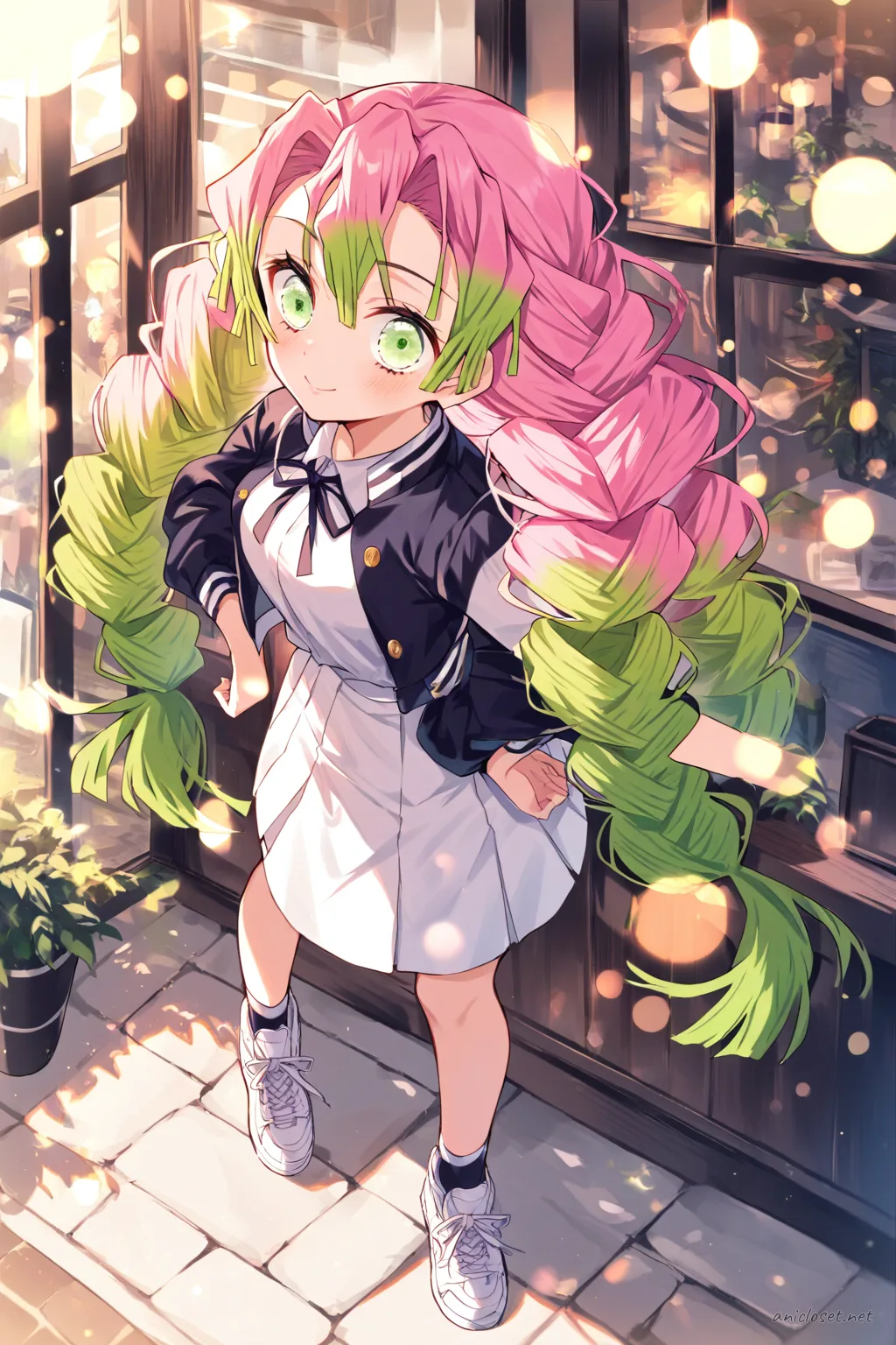 Illustration of Mitsuri Kanroji wearing a cropped bomber jacket, short pleated tennis skirt, white sneakers, and ankle socks near train tracks under overcast city light