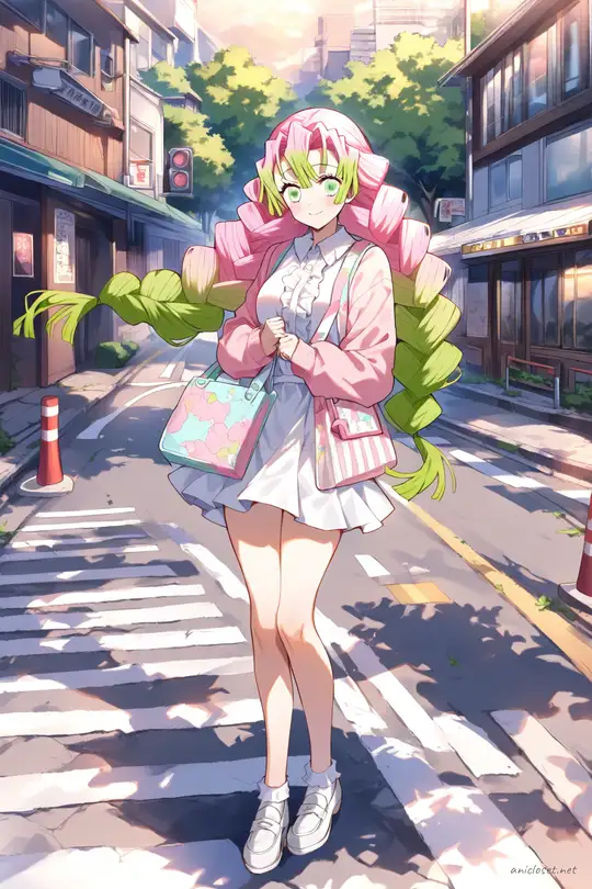 Illustration of Mitsuri Kanroji seated by a cafe window wearing a pastel pink cardigan, white ruffled mini skirt, white blouse, pastel tote bag, hair clips, ankle socks, and white loafers with soft daylight outside