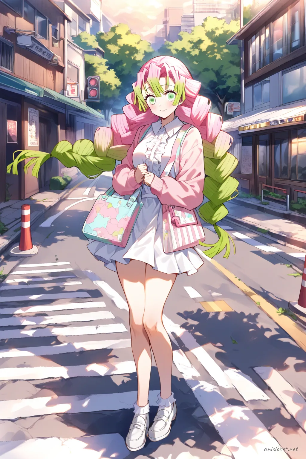 Illustration of Mitsuri Kanroji seated by a cafe window wearing a pastel pink cardigan, white ruffled mini skirt, white blouse, pastel tote bag, hair clips, ankle socks, and white loafers with soft daylight outside
