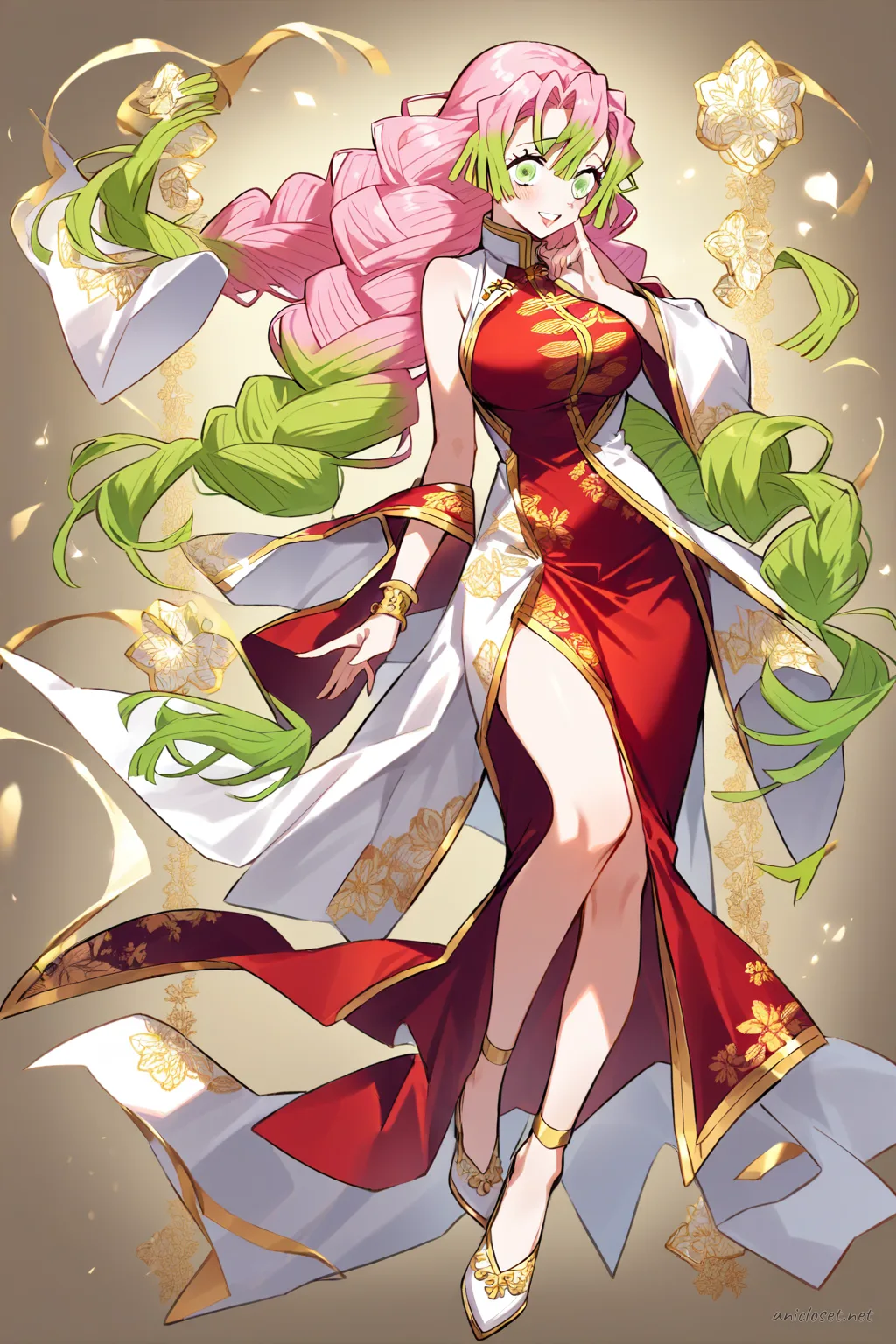 Full-body three-quarter view of Mitsuri Kanroji in a classic red qipao with gold trim, high collar, sleeveless design, and white silk shoes against a clean studio background