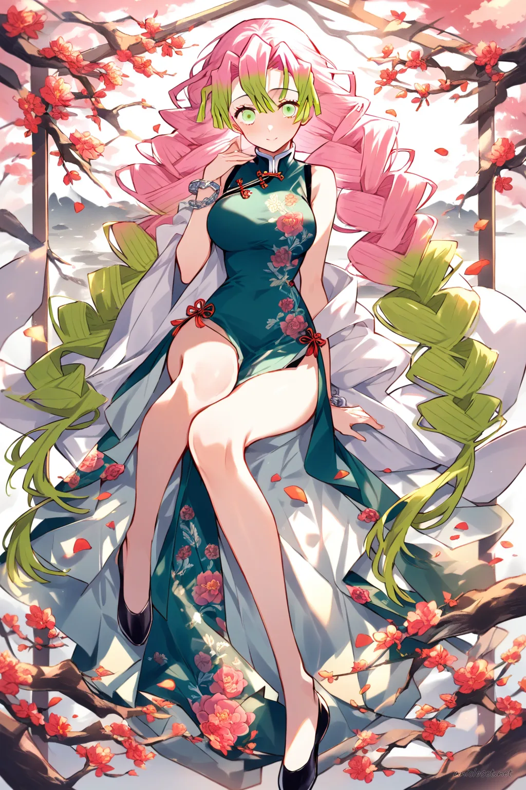 Full-body three-quarter view illustration of Mitsuri Kanroji wearing a navy cheongsam with subtle floral embroidery, side slits, sleeveless design, and black ballet flats