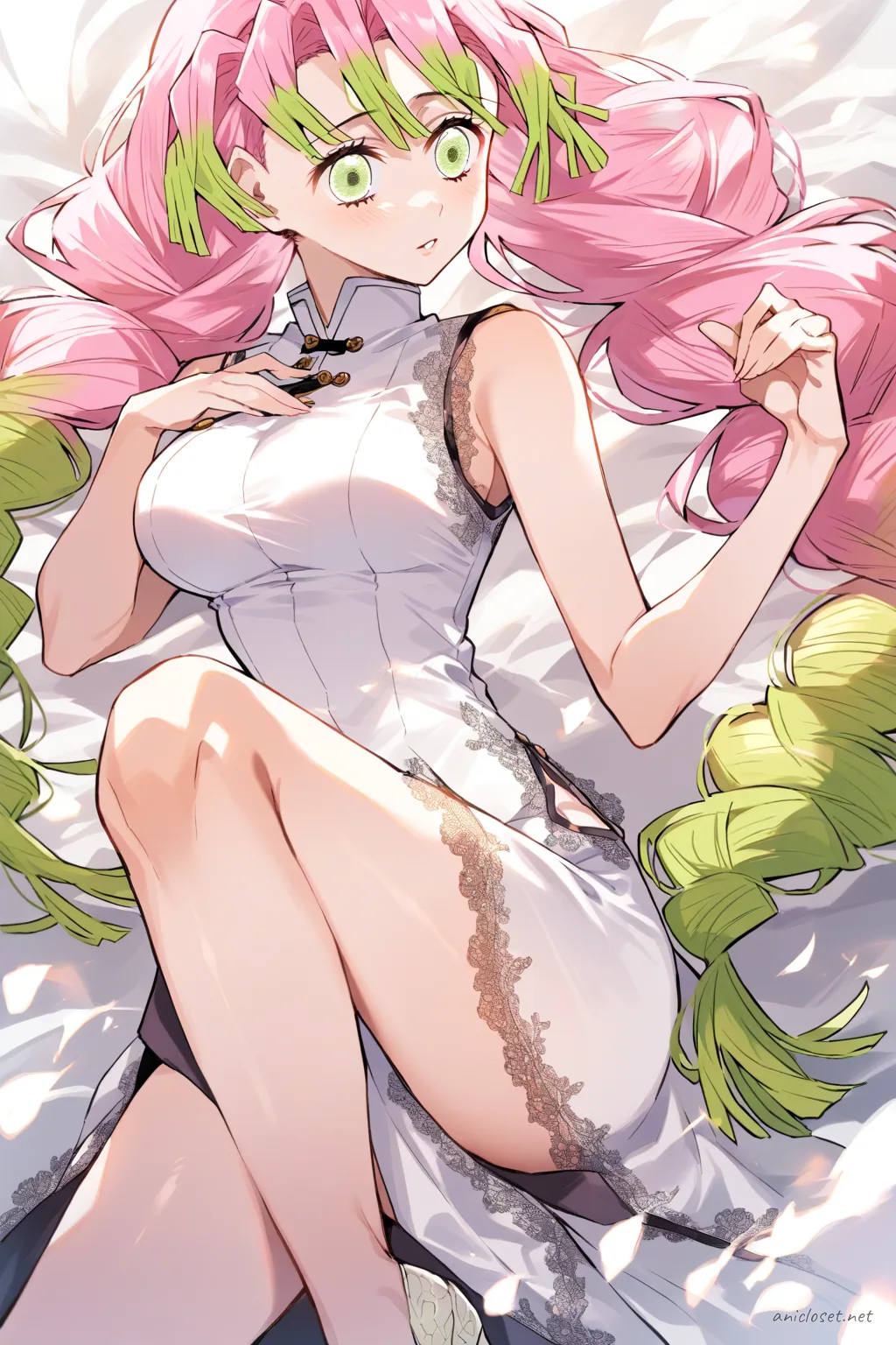 Knee-up half-body illustration of Mitsuri Kanroji wearing a white silk qipao with lace trim and frog buttons under soft studio lighting