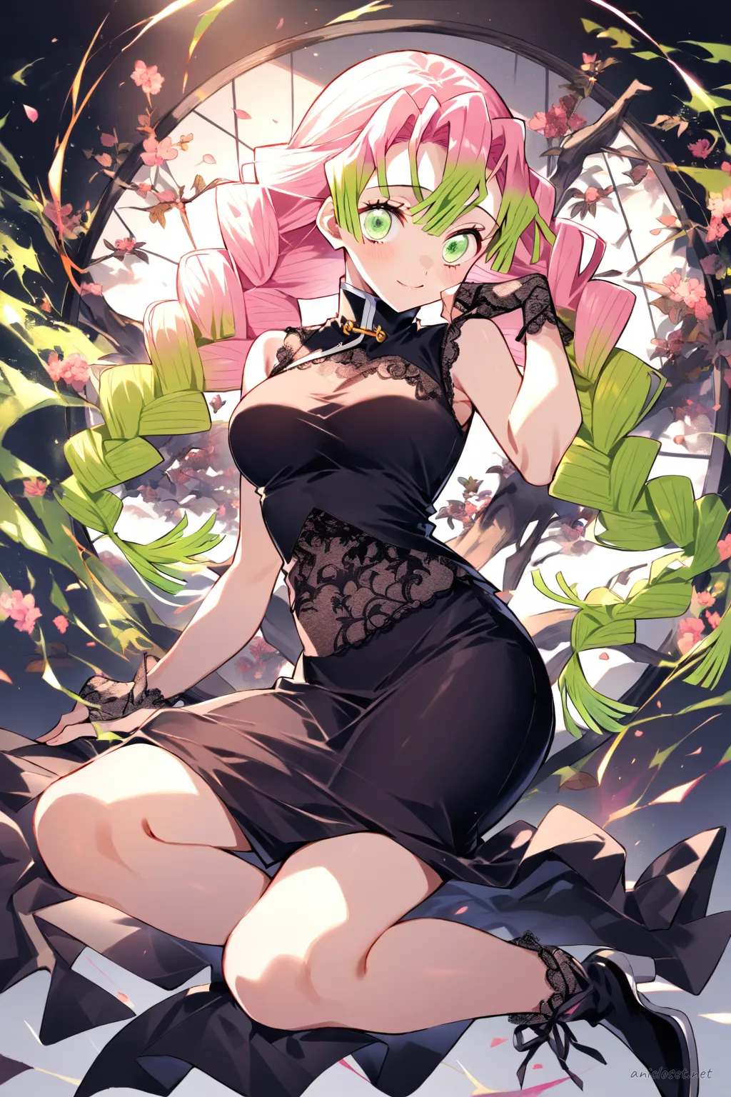 Illustration of Mitsuri Kanroji wearing a black gothic qipao with high collar and lace panels, knee-up half-body view under soft studio lighting
