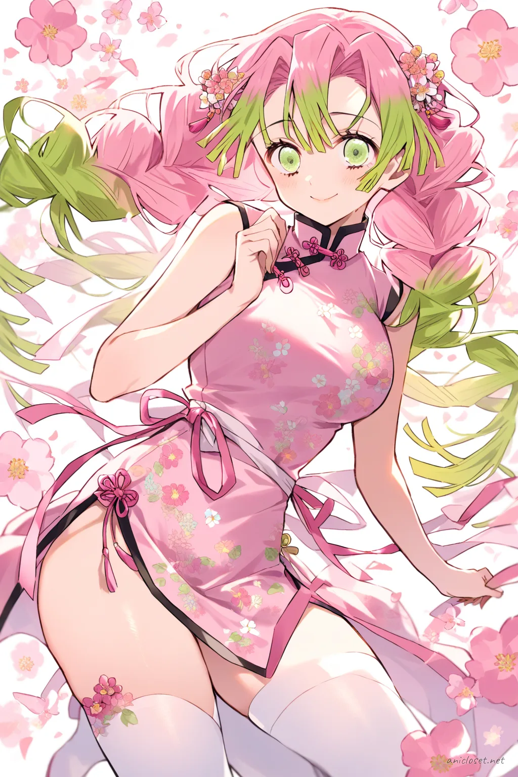 Illustration of Mitsuri Kanroji wearing a pastel pink sleeveless qipao with floral lace trim, high slit, white thigh-high stockings, pink ballet flats, and a soft pink ribbon hair accessory, shown knee-up with soft studio lighting