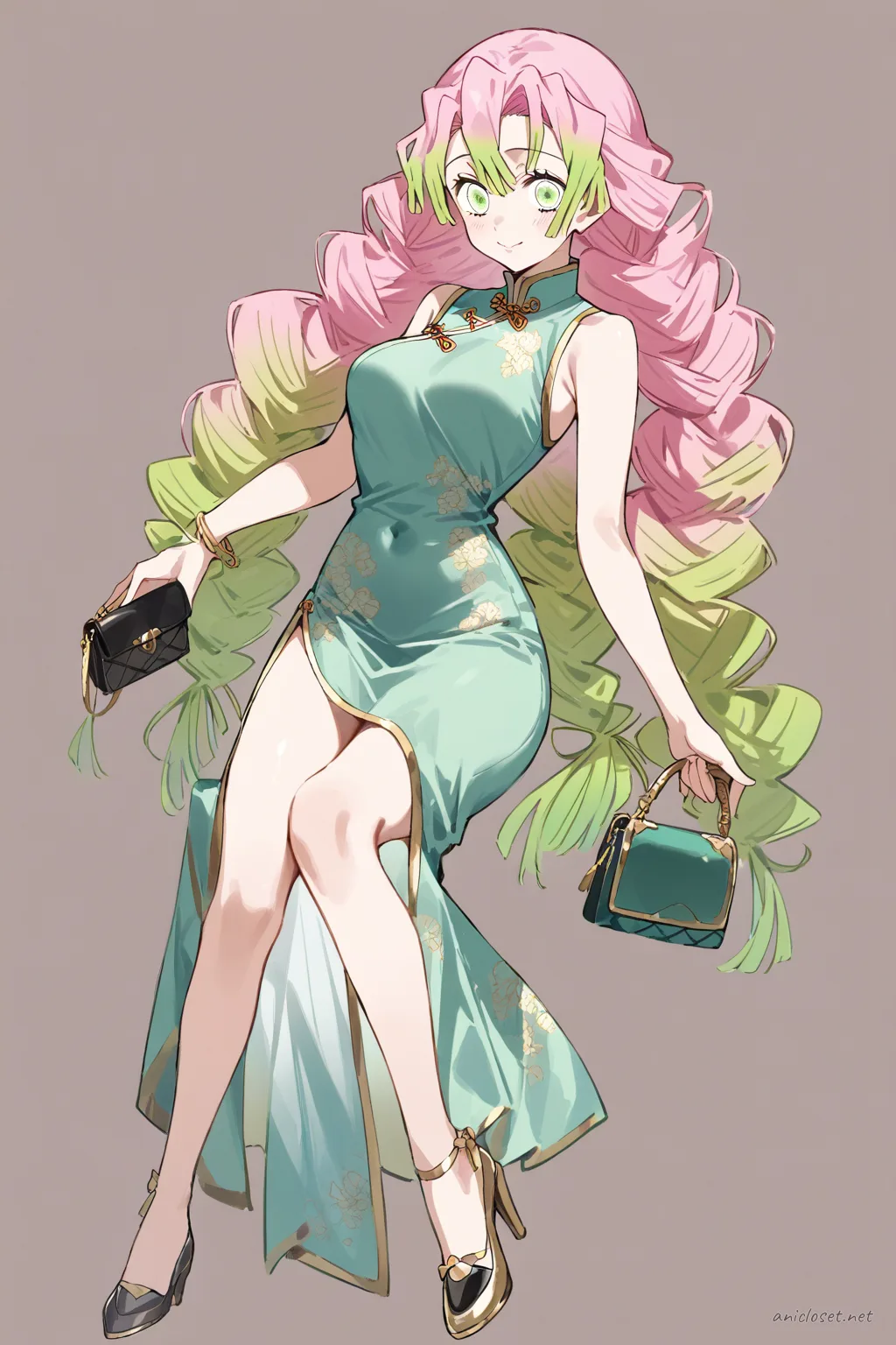 Full-body three-quarter view of Mitsuri Kanroji in a short teal qipao dress with heels and a small handbag, clean modern cut