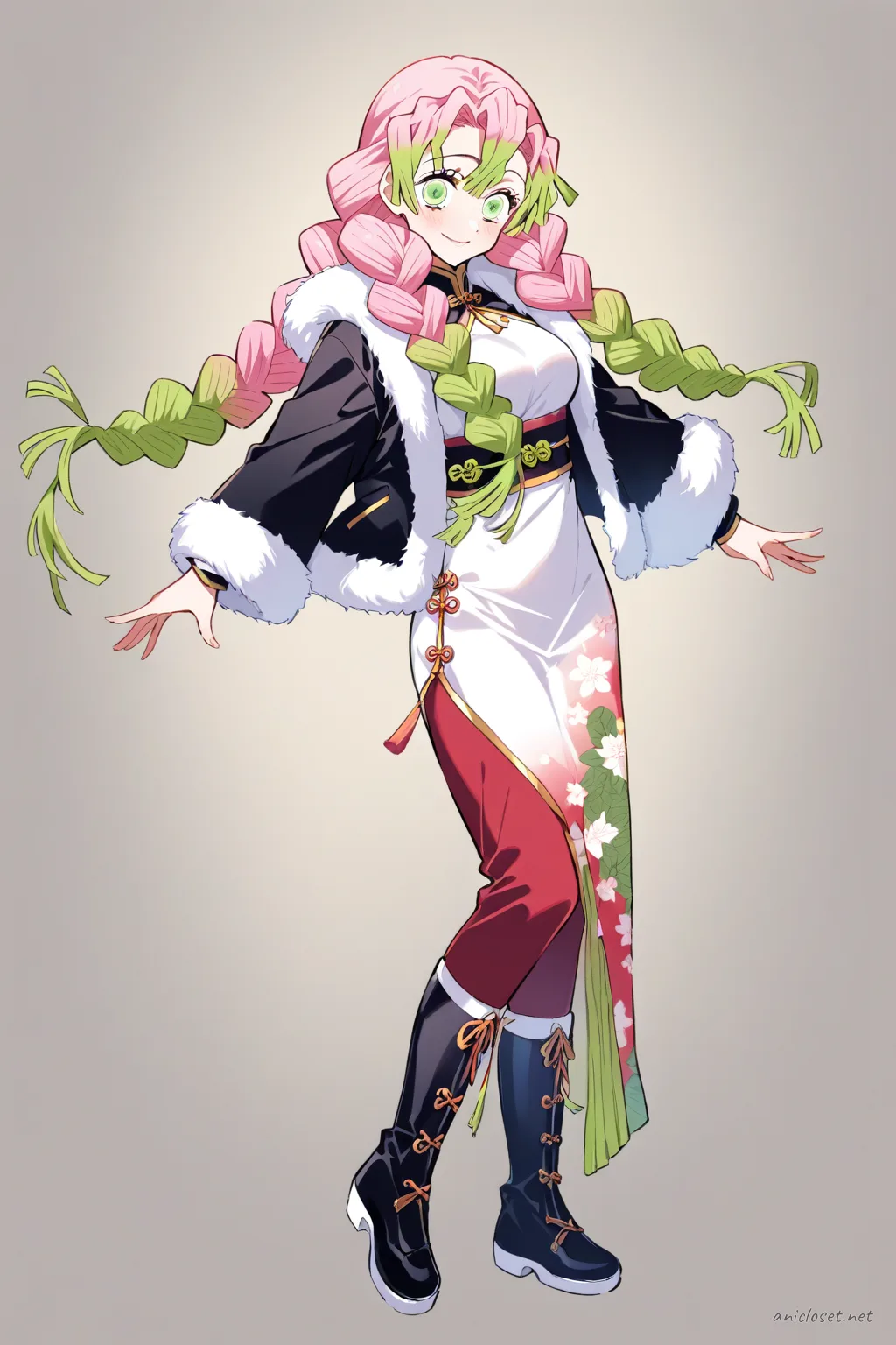 Full-body illustration of Mitsuri Kanroji in a long-sleeve winter qipao under a cropped fur-trim jacket, knee-high boots, standing pose on clean studio background