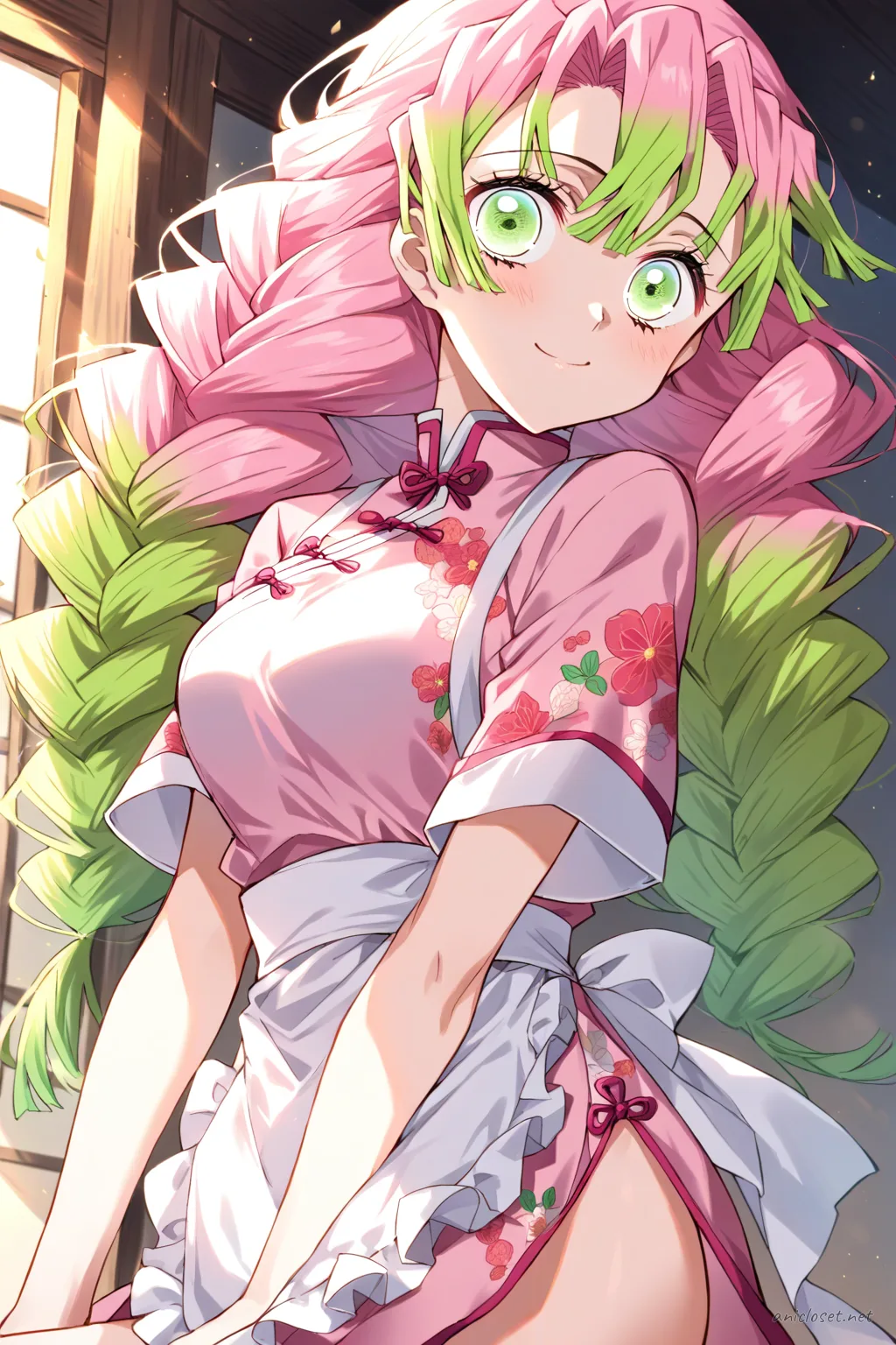Full-body three-quarter view of Mitsuri Kanroji in a pastel pink short-sleeved qipao with floral embroidery, white frilly apron overlay, white ankle socks, and black Mary Jane shoes, set against a clean studio background